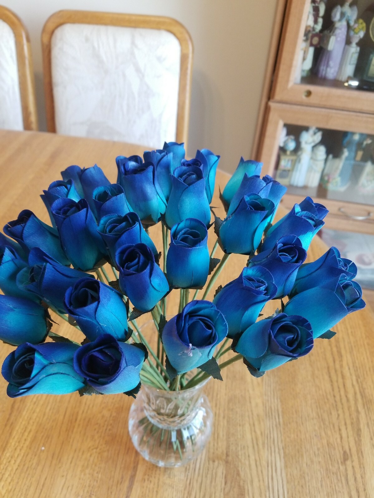 1 DOZEN – LIGHT BLUE/ BLUE WOODEN ROSE BUDS 5 X 8 ARTIFICIAL FLOWERS