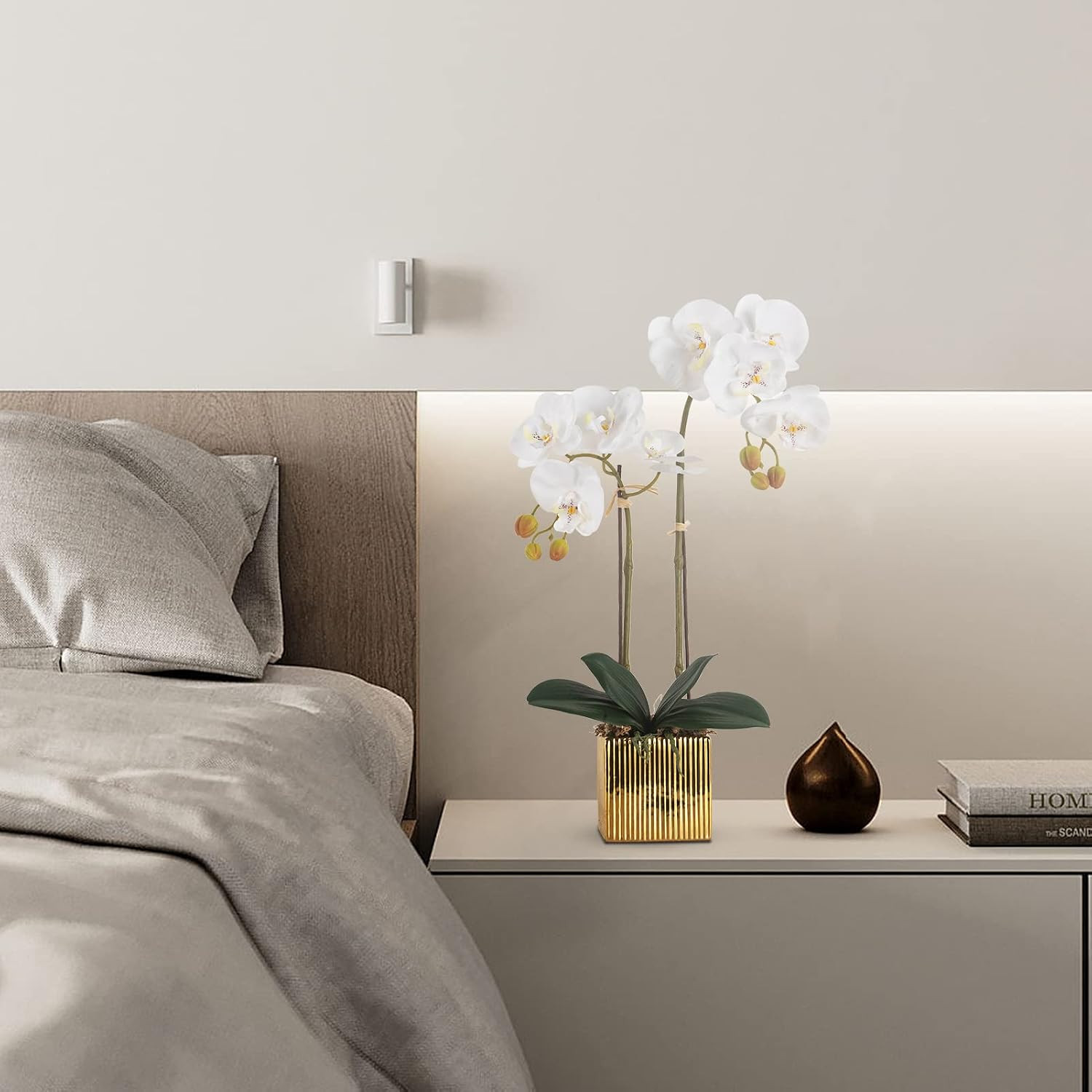 Realistic White Orchid Flowers in Ceramic Pot for Home Decor Centerpiece