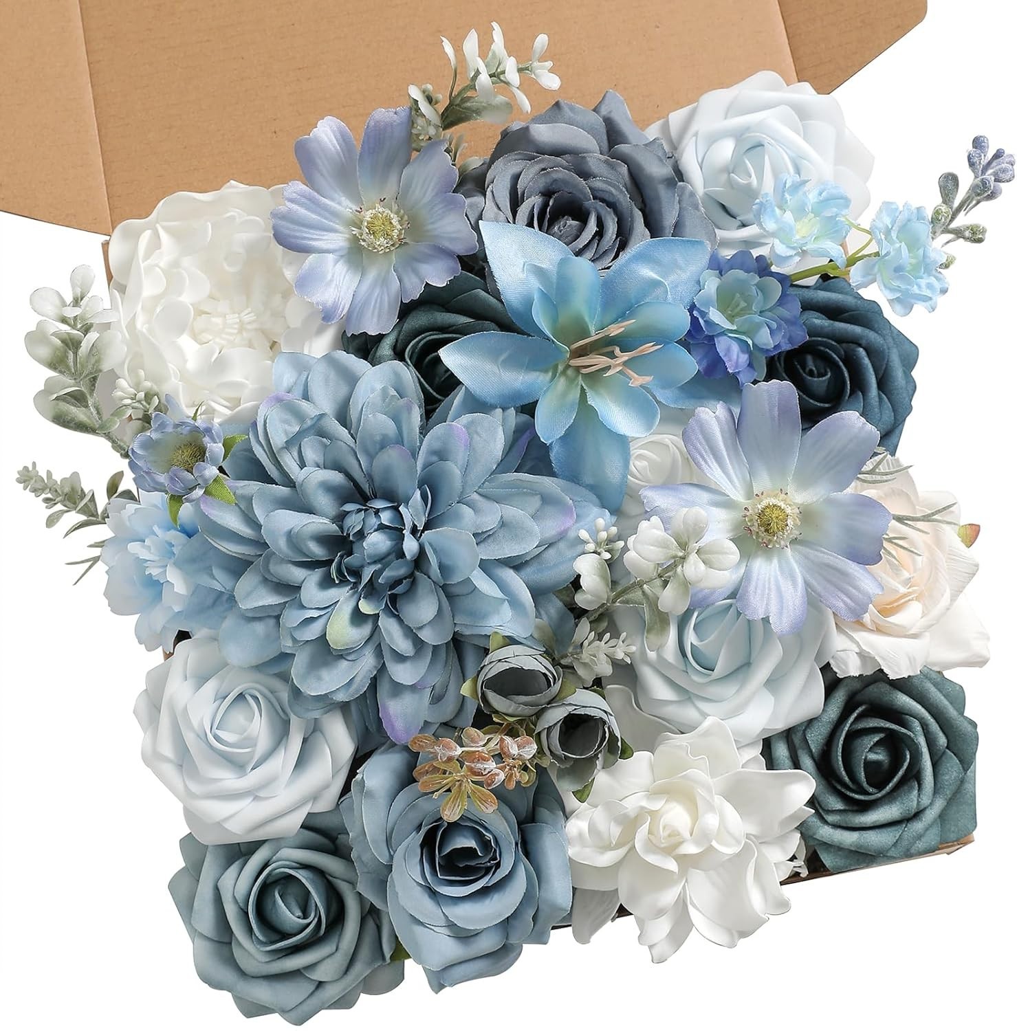 DIY Floral Arrangement Set with Blue Silk Flowers and Green Leaves for Parties