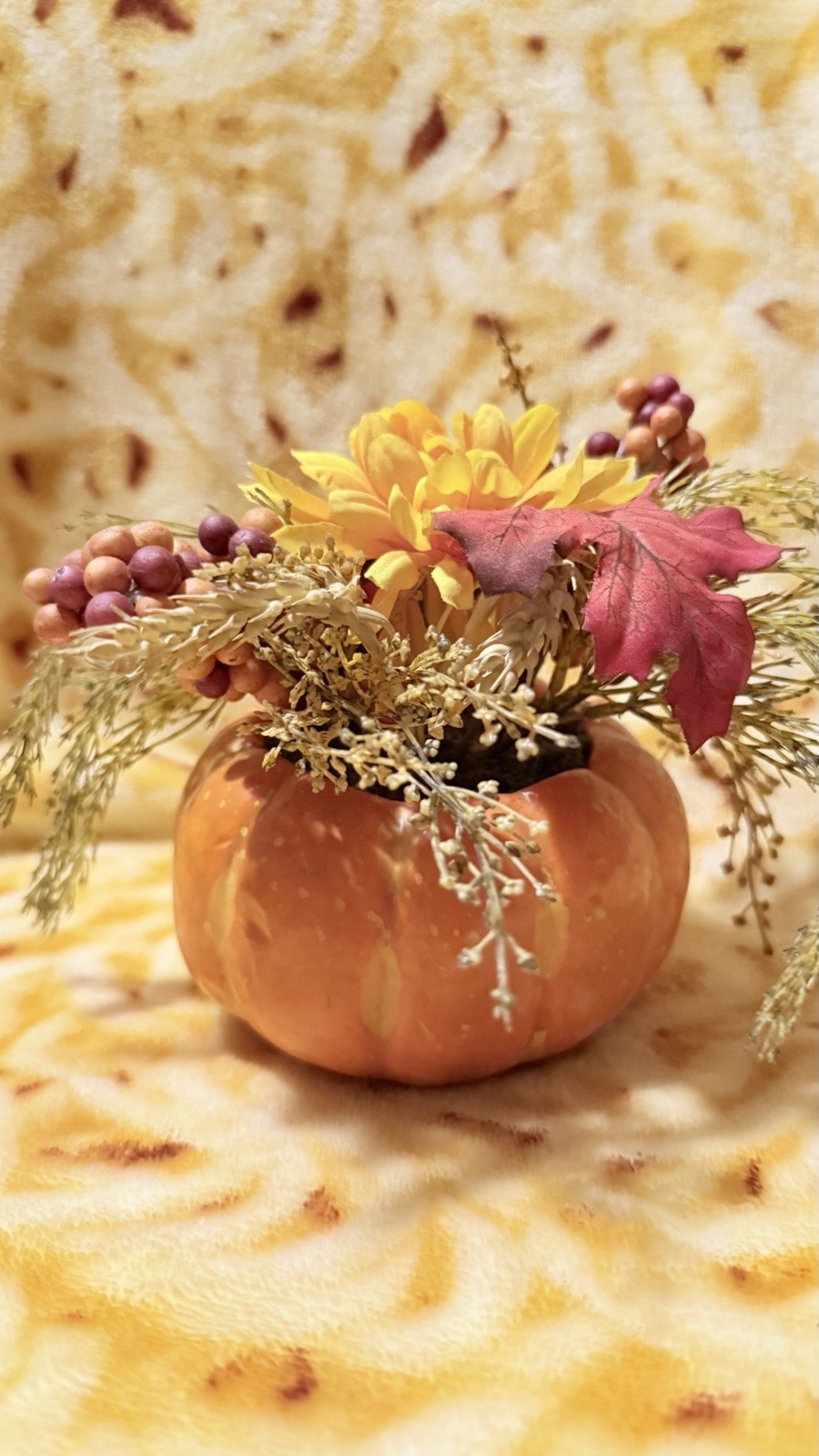 Artificial Fall Pumpkin Flower Arrangement Centerpiece, Orange Yellow Purple
