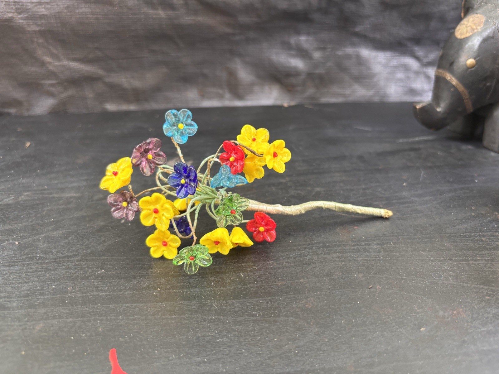 20 Mini Czech Glass Flowers Wire Stem Bouquet Red Blue Yellow Green Purple