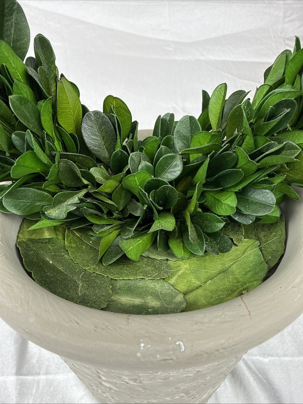 Artificial 12″ Green Boxwood Topiary Circular Wreath In Rustic Grey Ceramic Pot