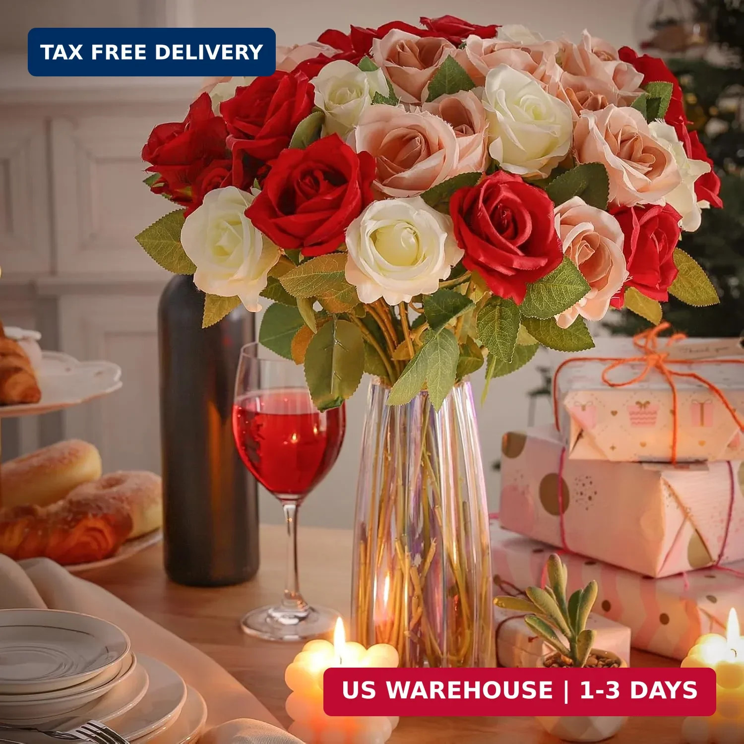 36 Pcs Red White Pink Artificial Roses with Long Stems, Fake Silk Rose Artificia