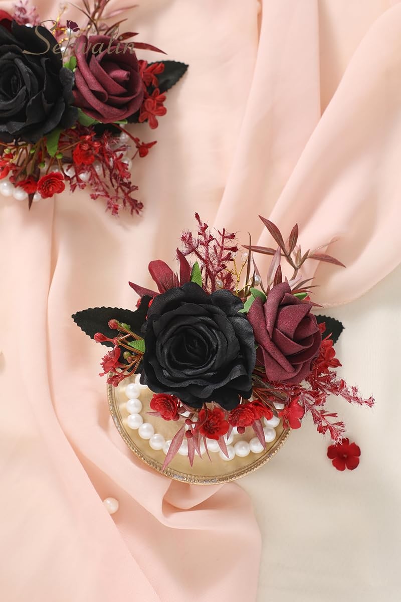 Set of 2 Black Burgundy Wrist Corsage for Wedding 6-7″ Bridesmaid Flowers