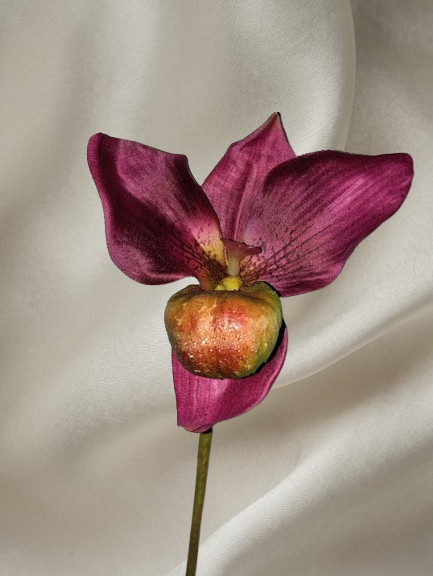 LARGE Artificial Paphiopedilum Lady Slipper Orchid on disc. BURGUNDY