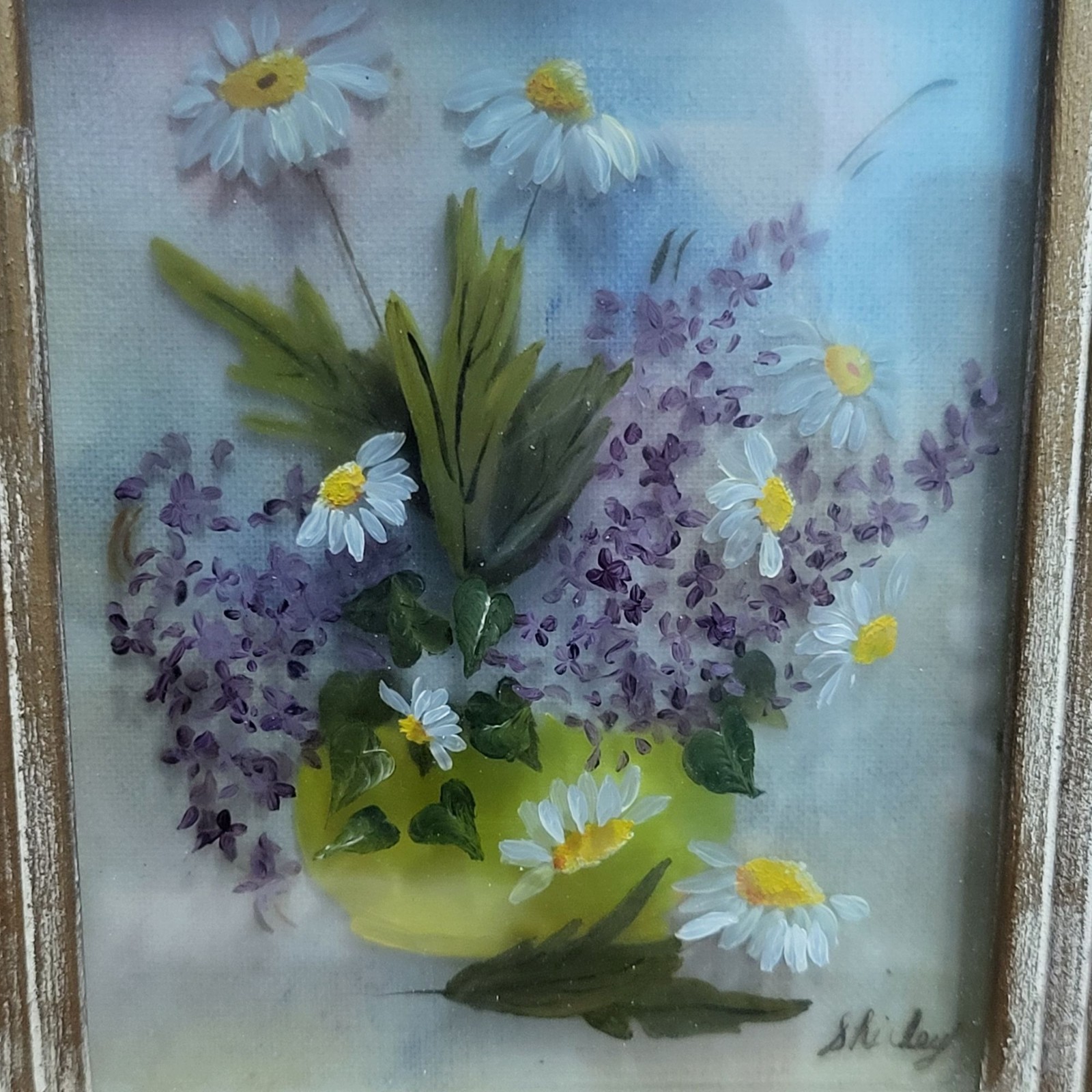 Framed Artwork Dried Flowers 3D Floral Arrangement Yellow Vase Signed Shirley