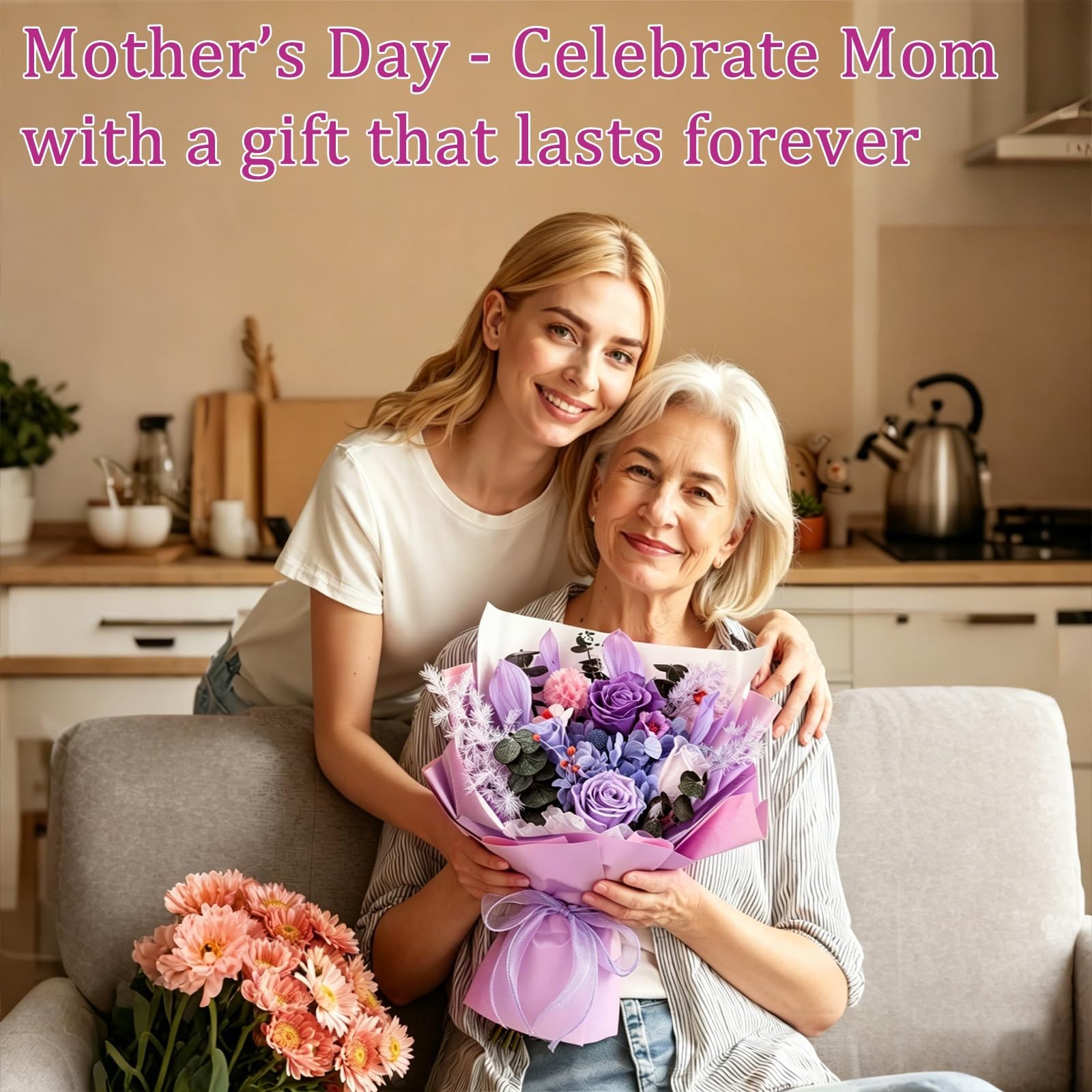 Elegant Preserved Flower Bouquet with Purple Roses – Perfect Gift for Women, Mom