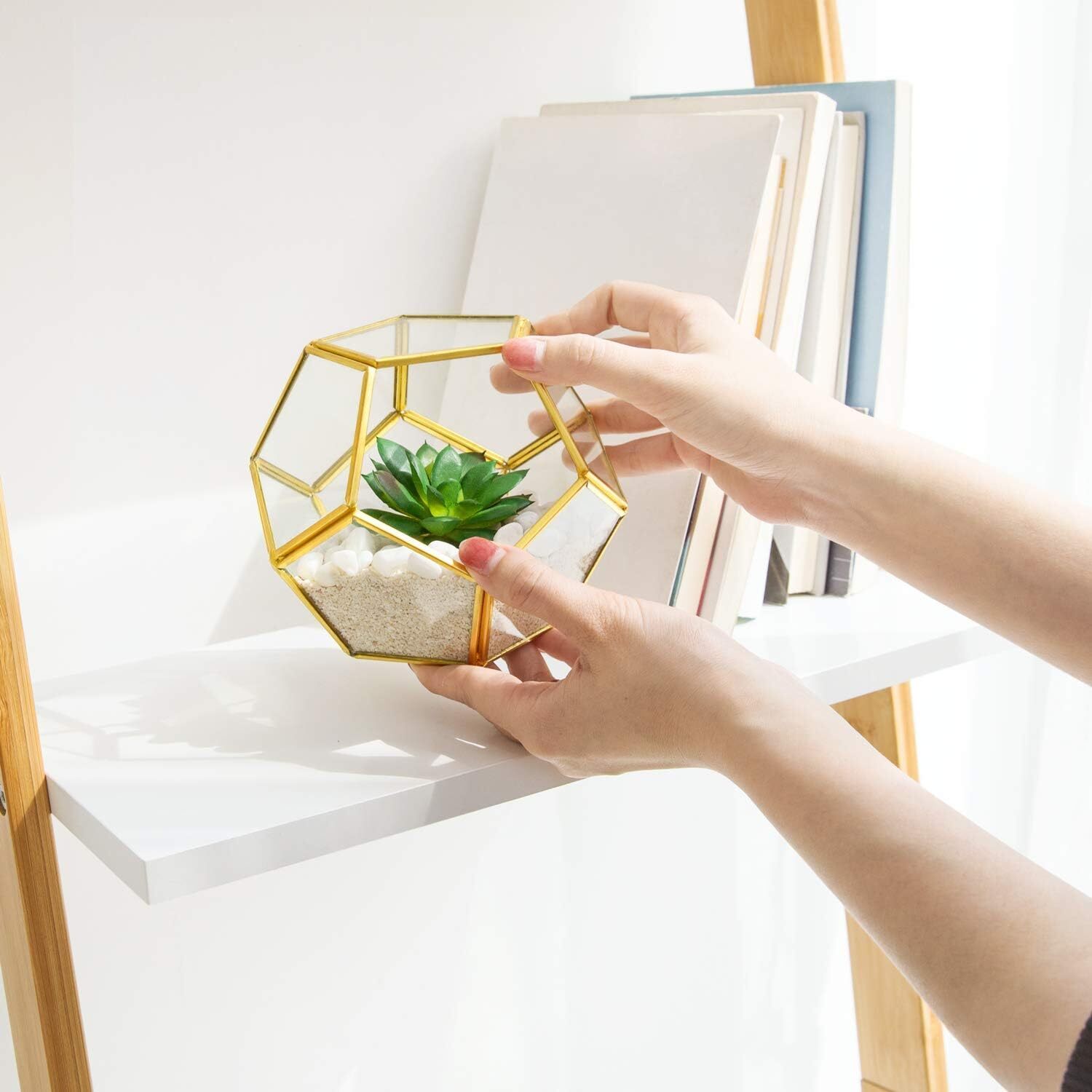 Artificial Succulent in 3 Pack Mini Glass Geometric Terrarium, Miniature Potted