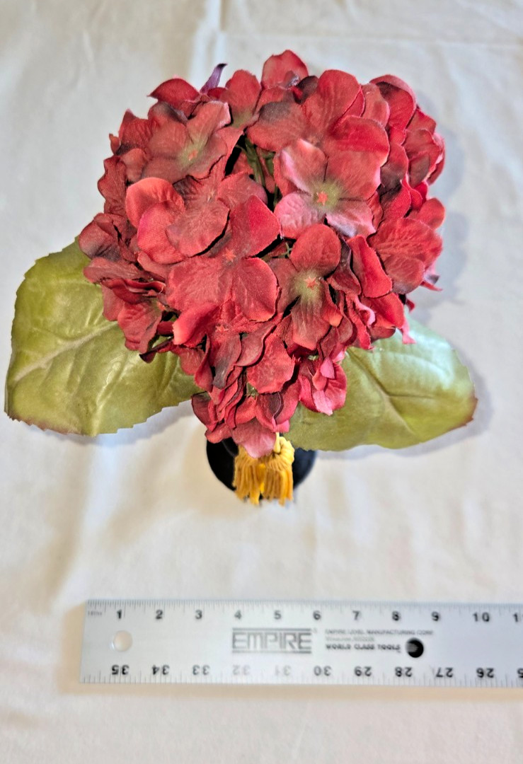 Artificial Decorative Deep Red Hydrangea, Slender Black Vase with Yellow Tassels