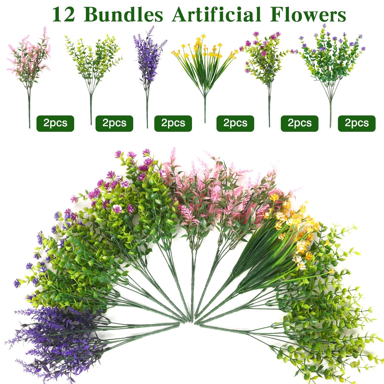 12 Bundles Artificial Flowers for Outdoor Indoor, Fake Silk Multiple Color Fl…