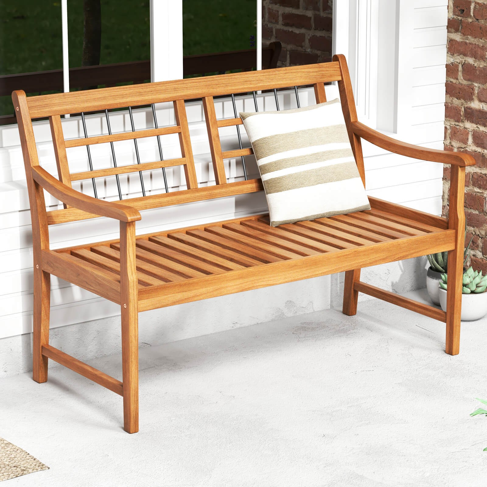 2-Person Patio Bench Outdoor Acacia Wood Bench w/ Slatted Seat & Backrest