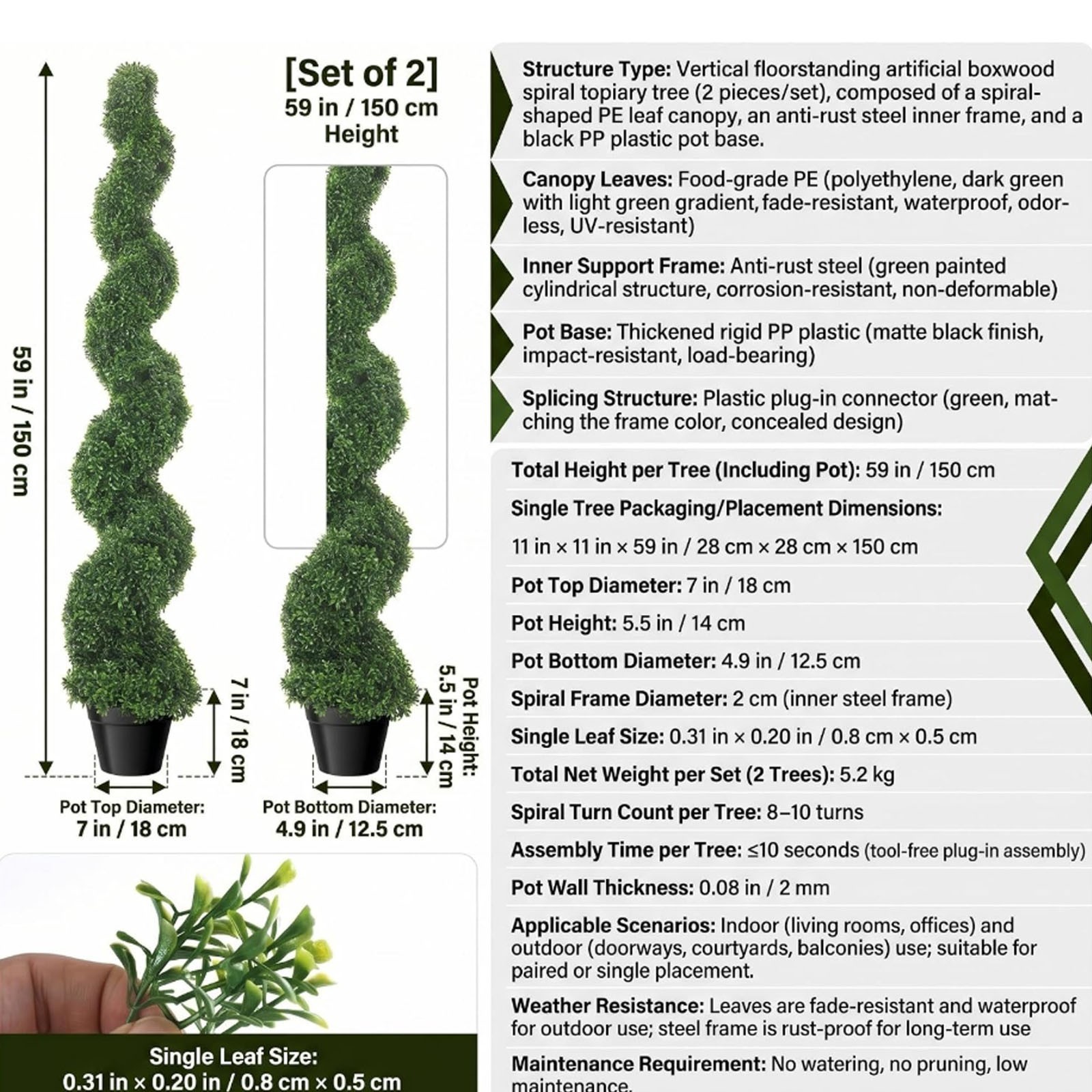2-Pack Artificial Boxwood Spiral Trees 5 FT UV-Resistant Fake Plants w/ Pot
