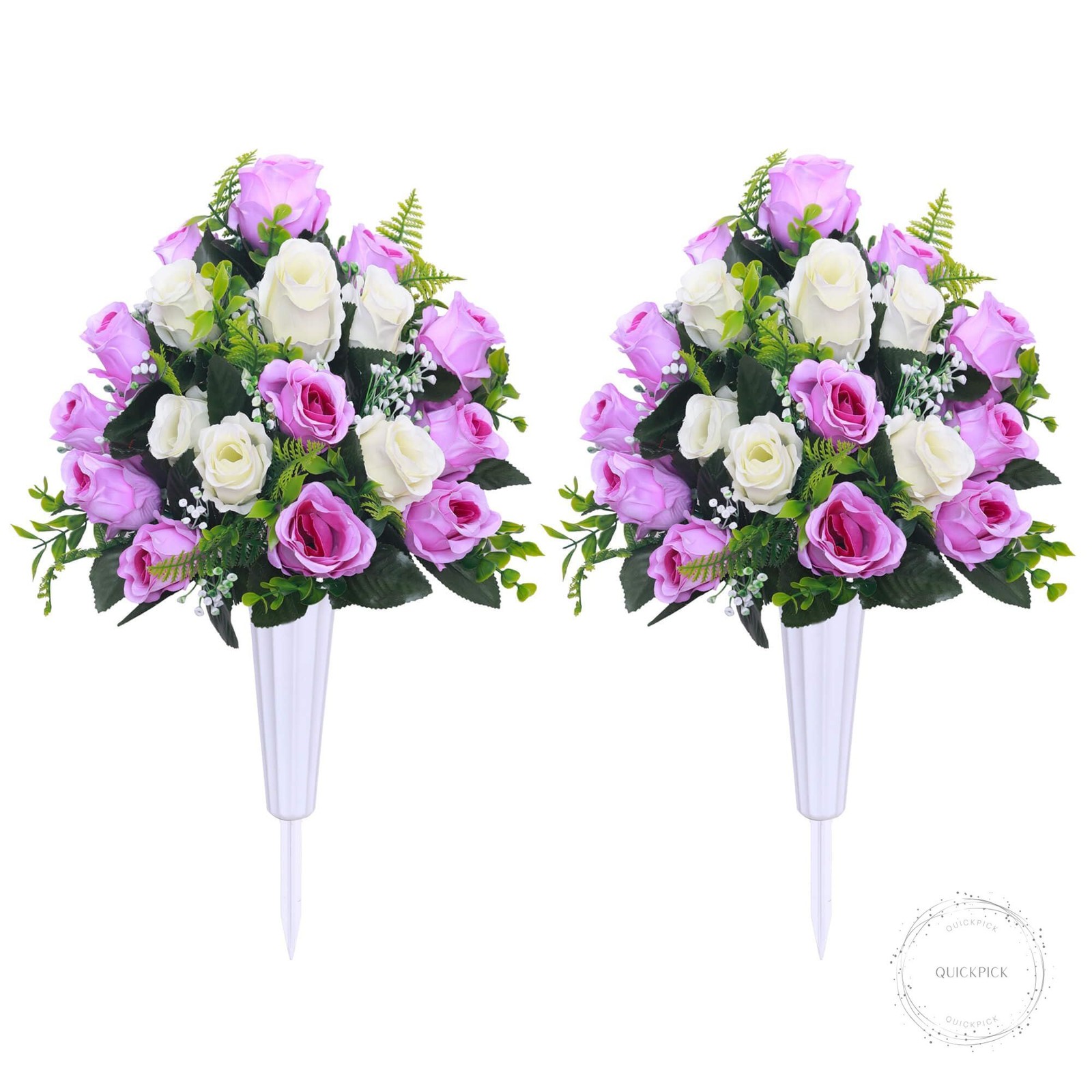 Artificial Cemetery Flowers,Set of 2 Grave Decorations Roses, Tombstone Memorial