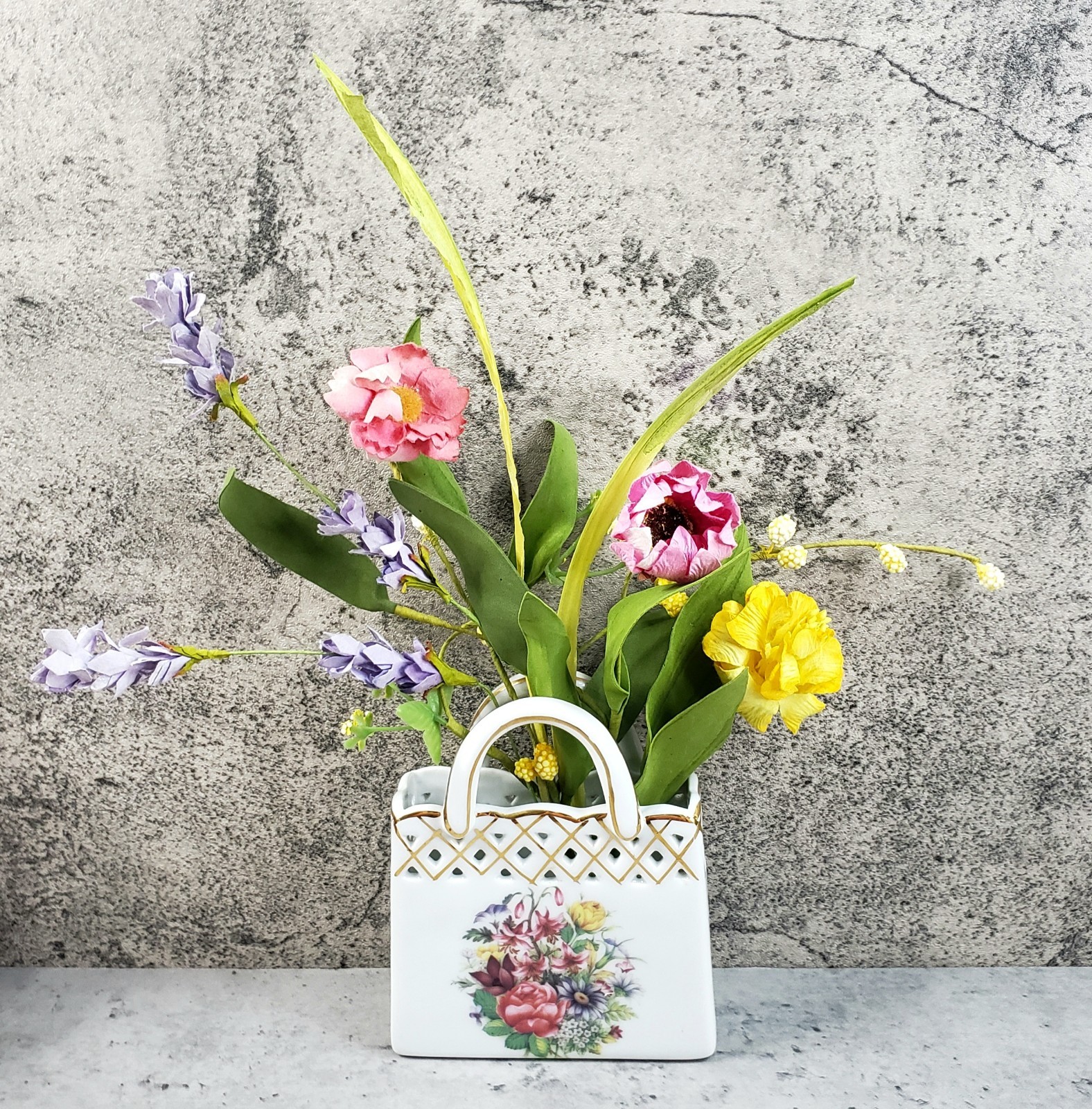 Herman Dodge Ceramic Purse Vase 4.75″ w Faux Flowers Old World Collection