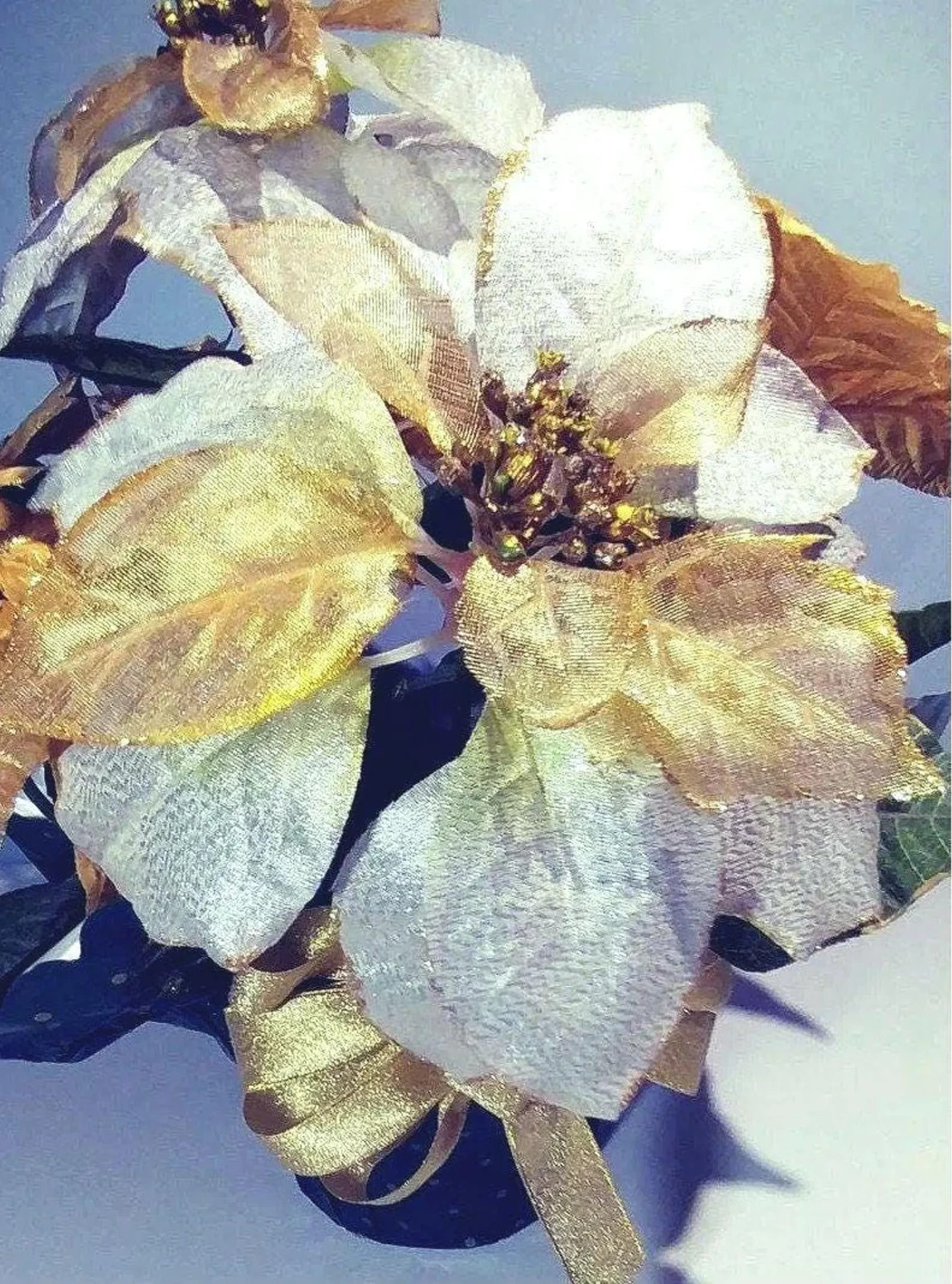 Fuax Potted Silk Poinsettia in Gold, Silver, & White Flowers Floral Centerpiece