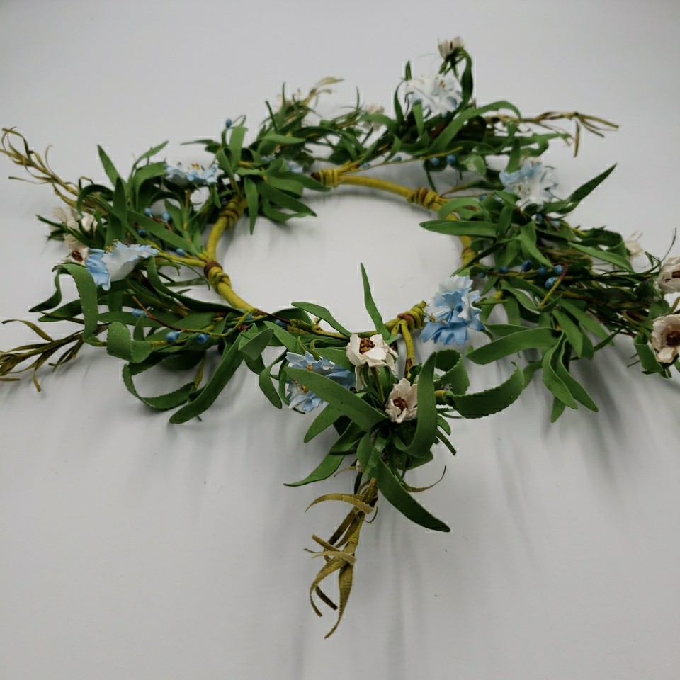 Primitive Floral Candle Ring Wreath Blue Flower Pips Cottage Spring Summer 6″ id