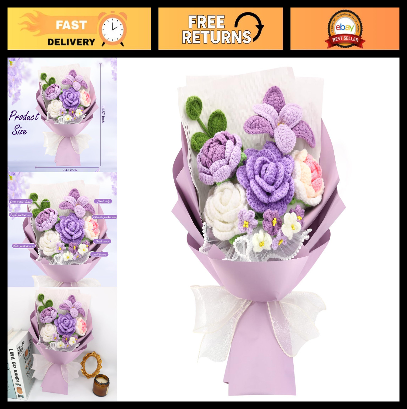 Handmade Crochet Flower Bouquet – Cotton Thread Roses, Tulips & Ferns – Gift Ide