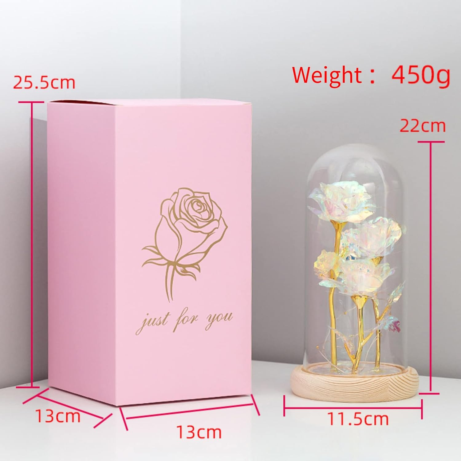 Mothers Day Mom Gifts: Rainbow LED Galaxy Glass Flower Rose in Glass Dome, 3 Col