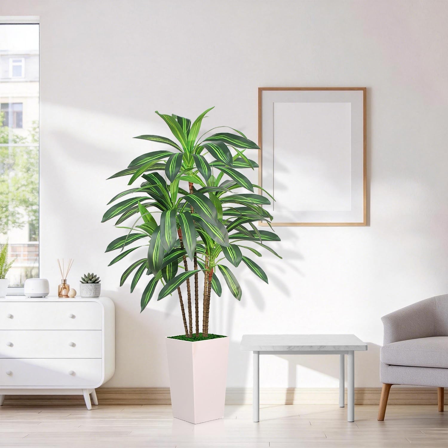 Artificial Dracaena Tree 5FT with White Tall Planter, Realistic Faux Tropical