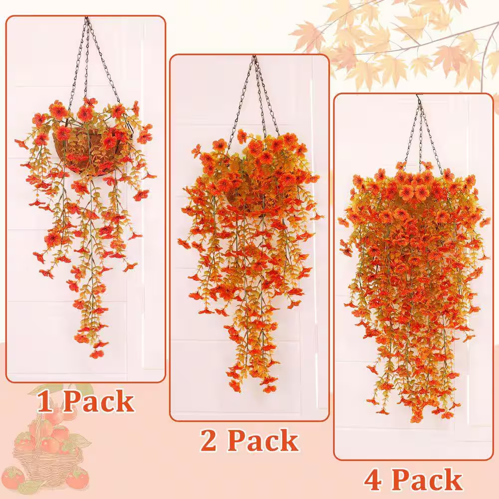 5 In. H Orange Artificial Hanging Fall Flowers 4-Pieces Fake Mums for Outdoor UV