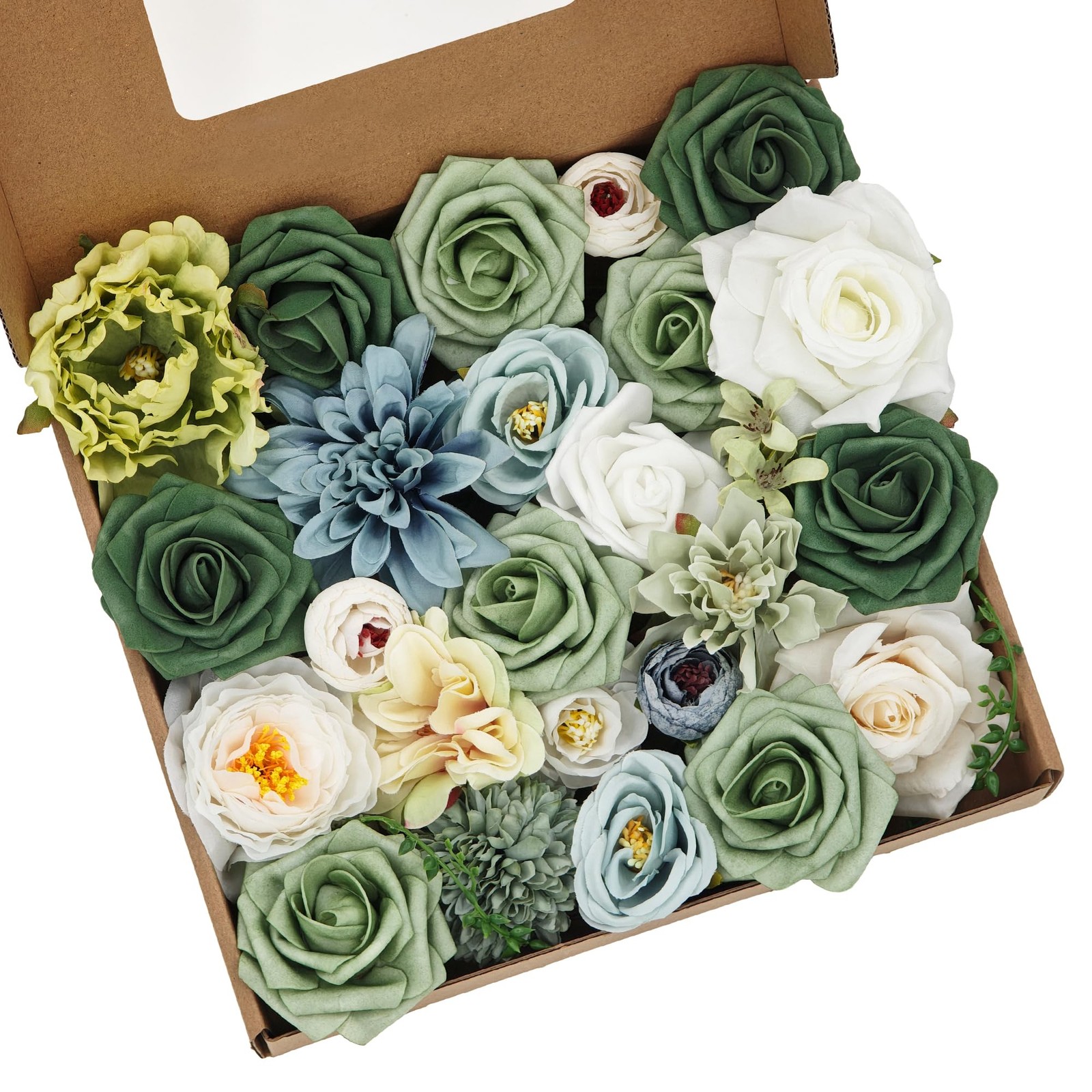 Green Artificial Silk Flowers Combo with Dahlias, Roses & Green Stems for DIY…