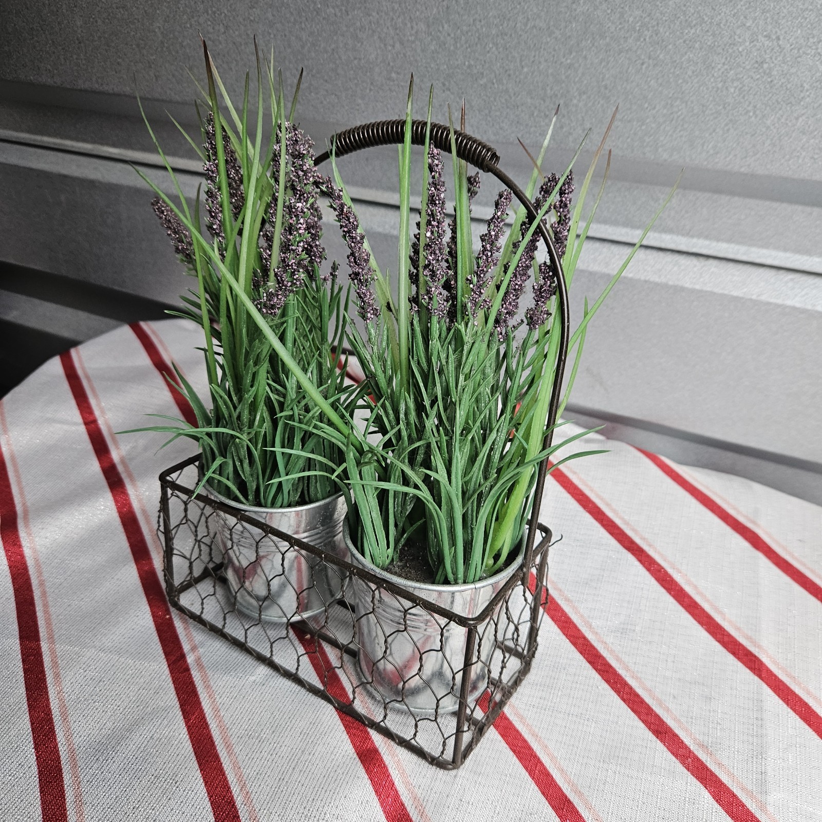 Artificial Lavender Arrangement & Centerpiece in Metal Pots with Wire Basket