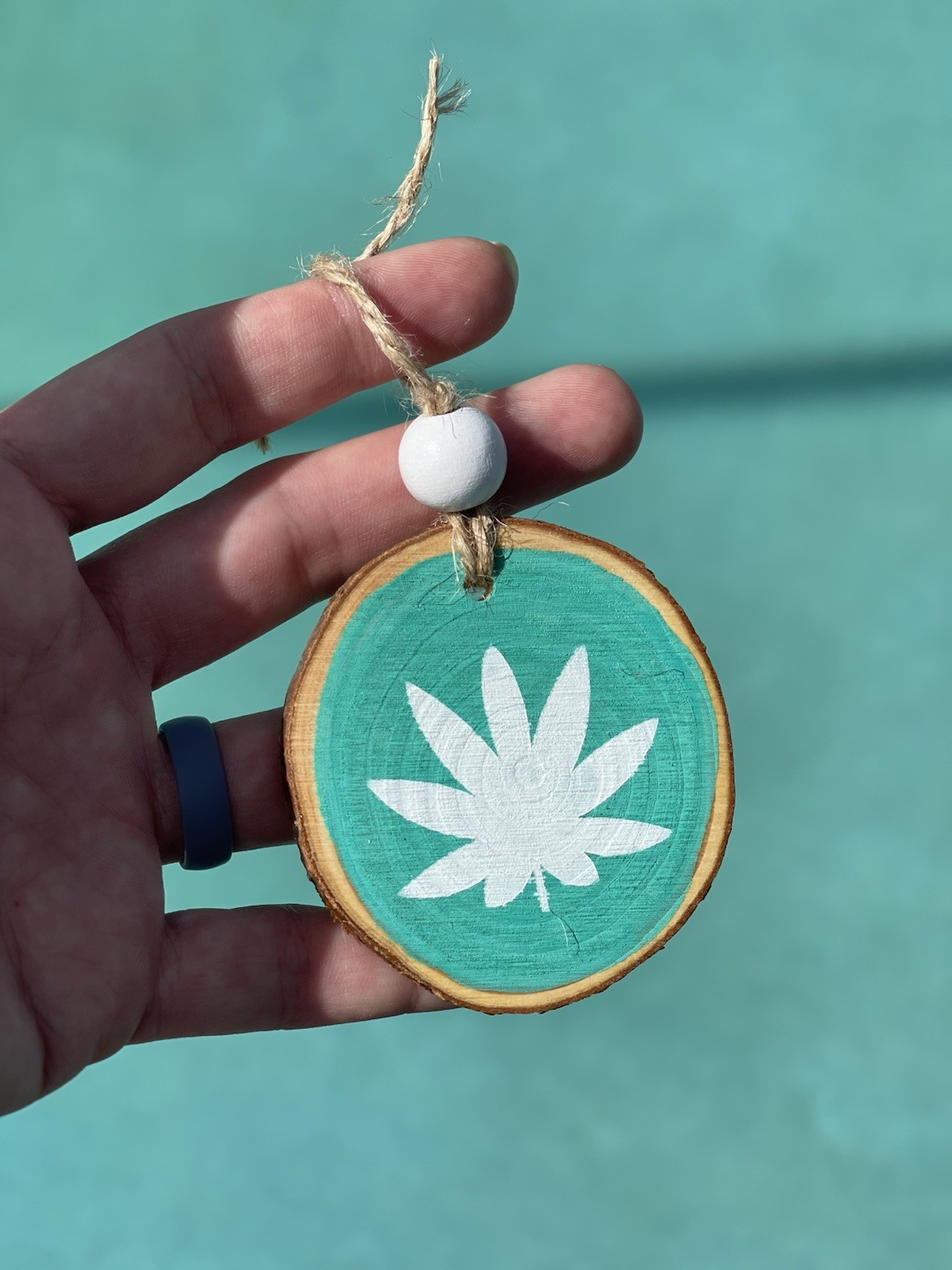 Pot Plant Ornament/decoration, Teal And White, Handmade 3”x3”, Marijuana Decor