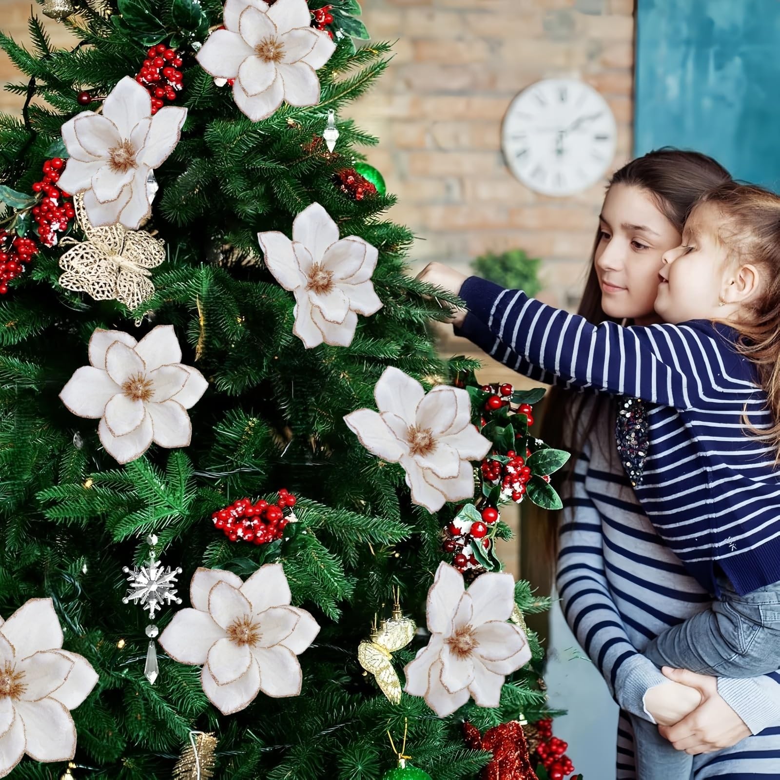 12 PCS 6.3 Inch White Christmas Velvet Poinsettia Magnolia Flower Ornaments