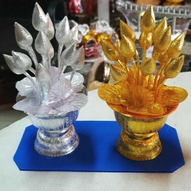 Thai Buddha Worship Phan Dhog Silver&Gold Lotus Offering Pedestal Small 2Pcs DHL