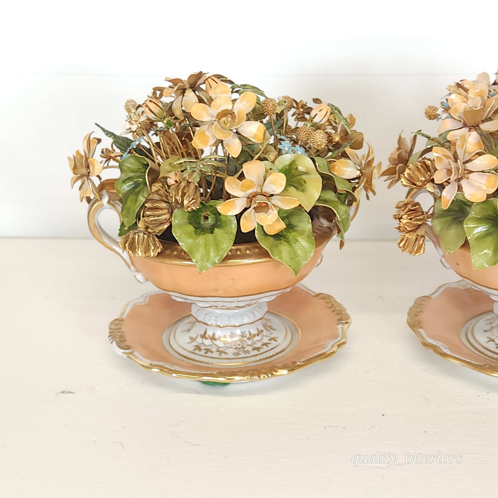 Pair Jane Hutcheson for Gorham Apricot Teacup & Saucer Floral Arrangement