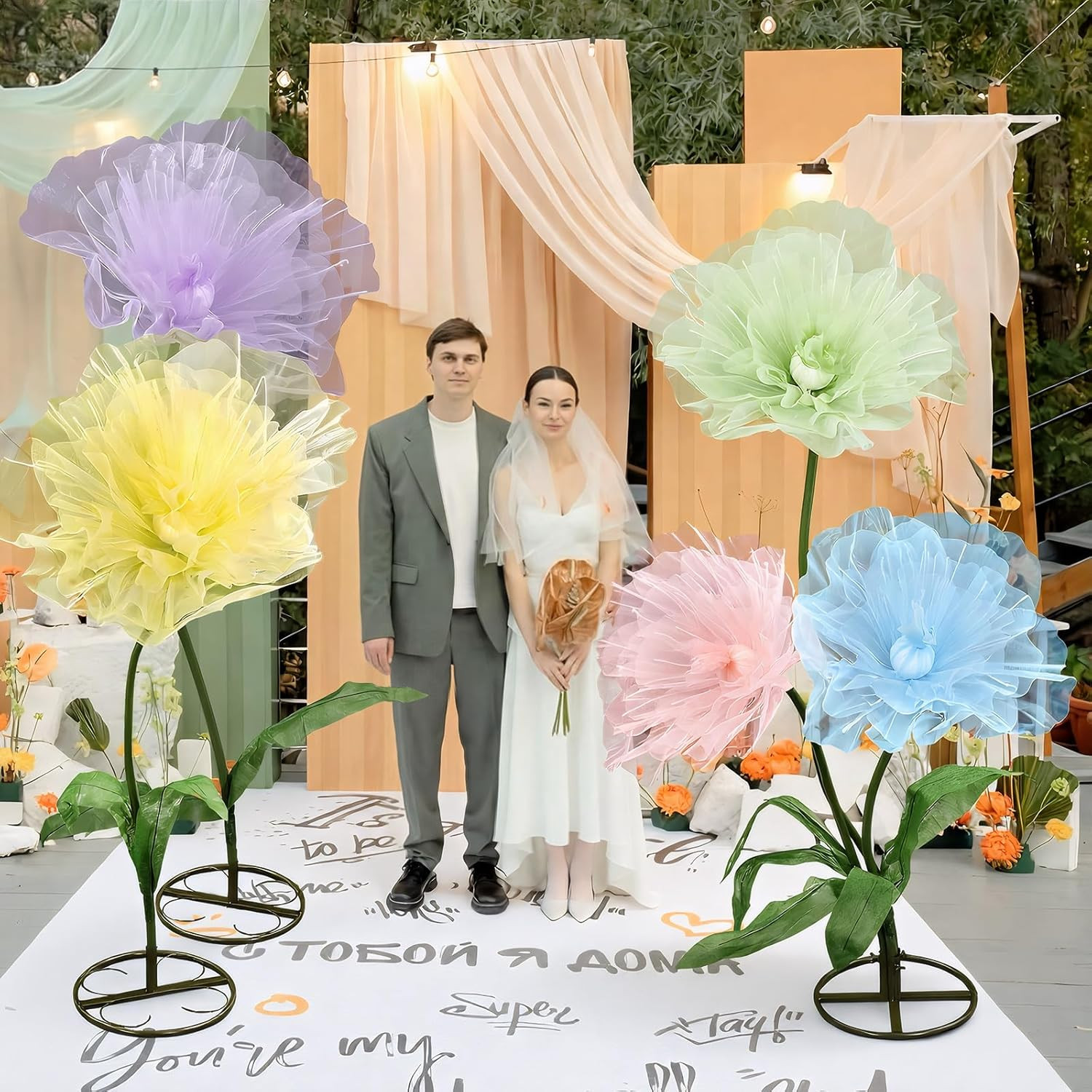 Giant Multicolor Organza Flowers – 5 Pcs 8Ft Decor for Events & Photography