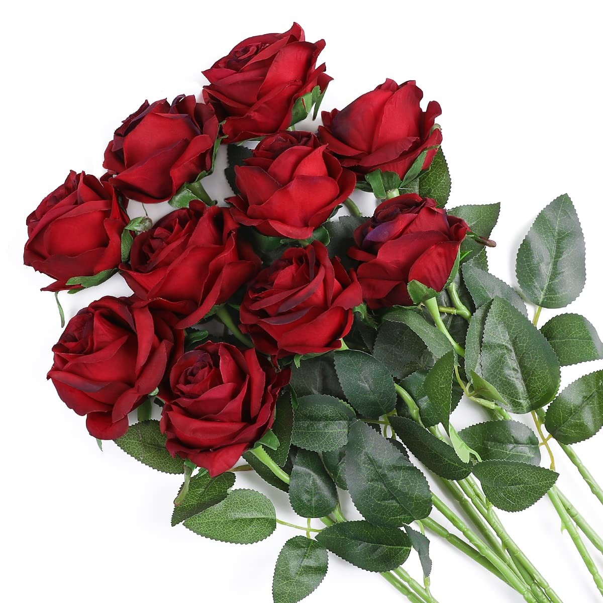 10 PCS Artificial Silk Roses Real Touch Bridal Wedding Bouquet Red Burgundy