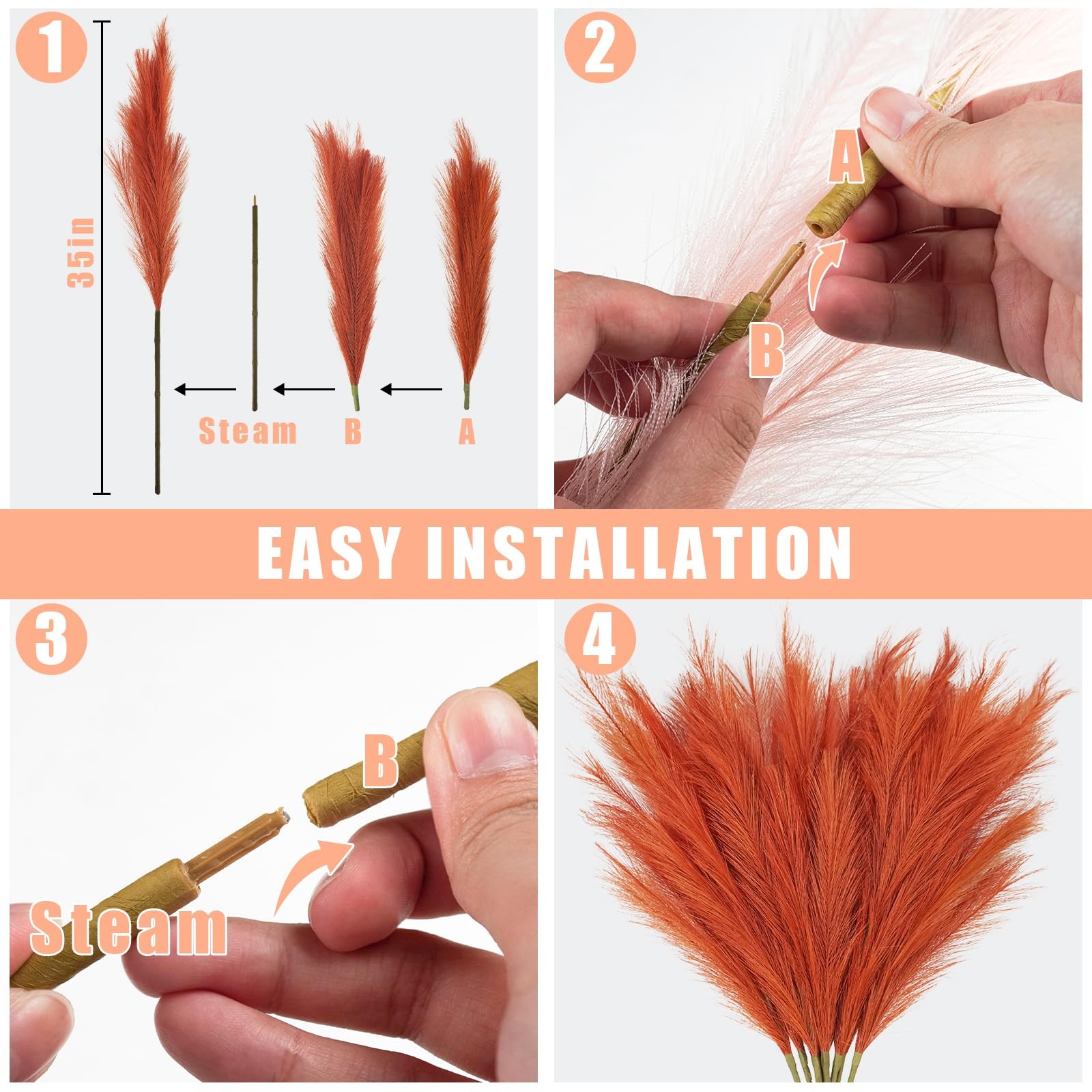 8pcs Orange Pampas Grass Tall, 35″ Fluffy Faux Colored Pompas Grass Artificia…