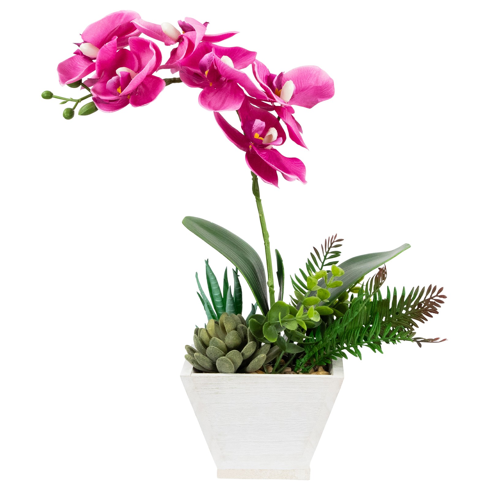 12″ Artificial Pink Orchid with Red and Green Succulent Plants in a Decorative S