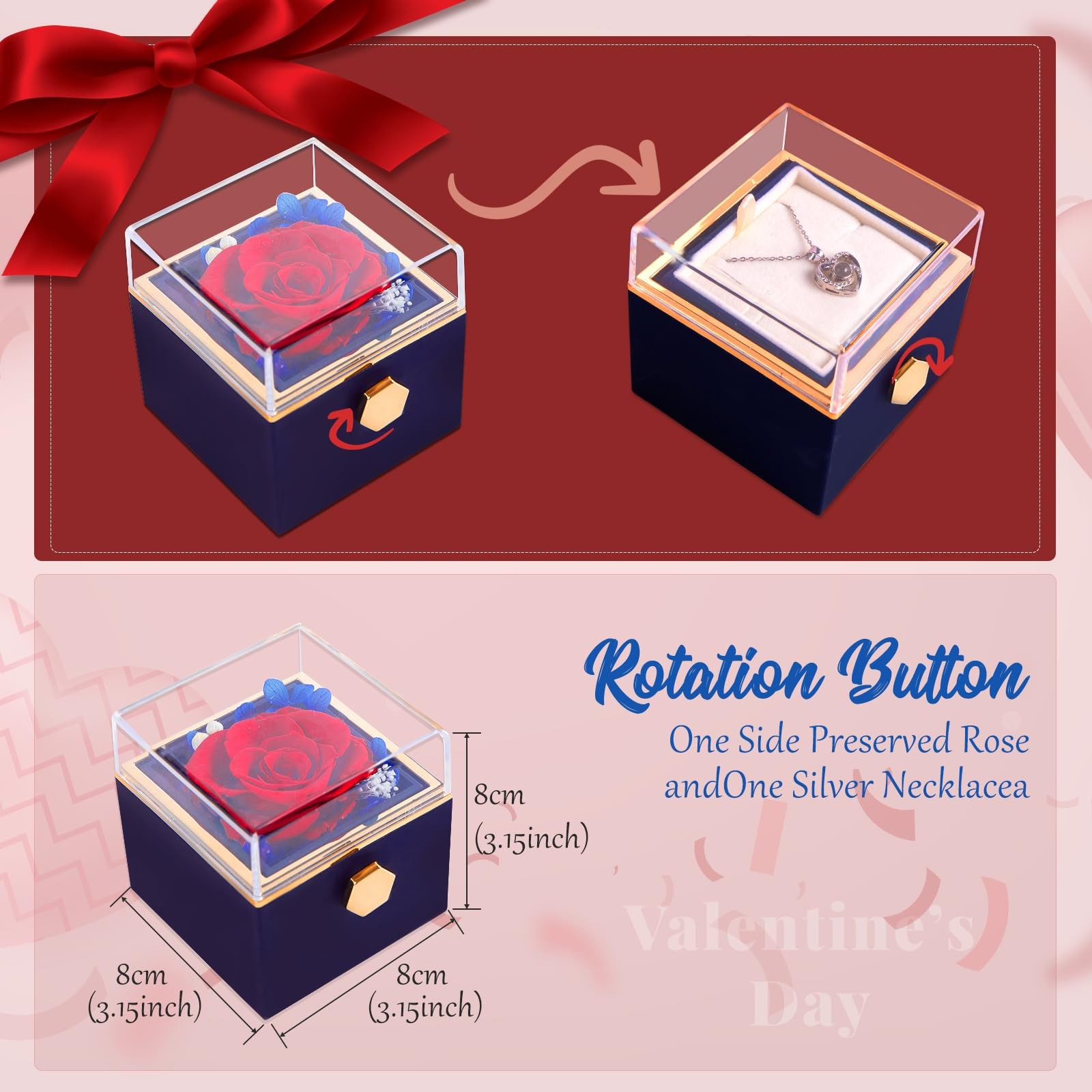 Preserved Real Red Forever Rose Rotating Box with I Love You Necklace 100 Lan…
