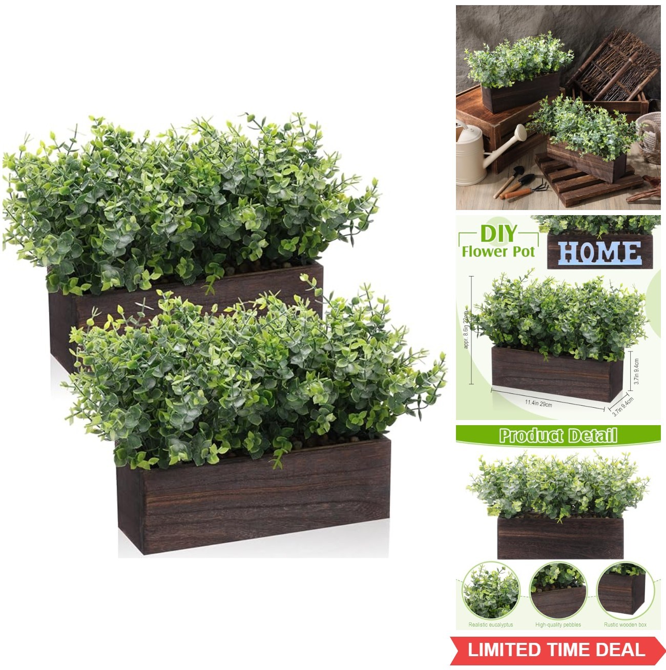 Artificial Eucalyptus Plant Set 2 Pack in Wooden Planter Box Rustic Farmhouse