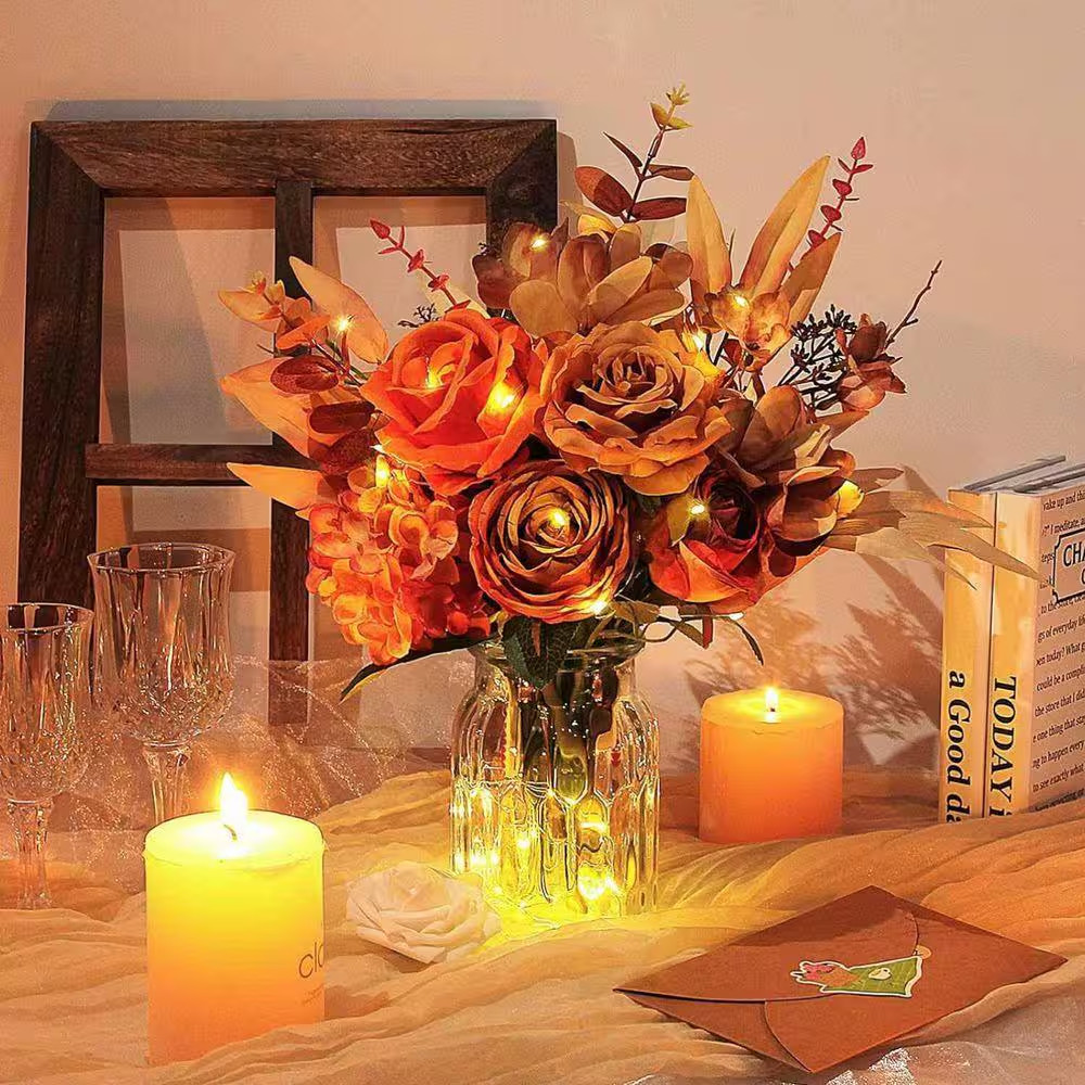 13 In. Orange Indoor Rose Hydrangea Floral Arrangement in Clear Glass Vase, Fall
