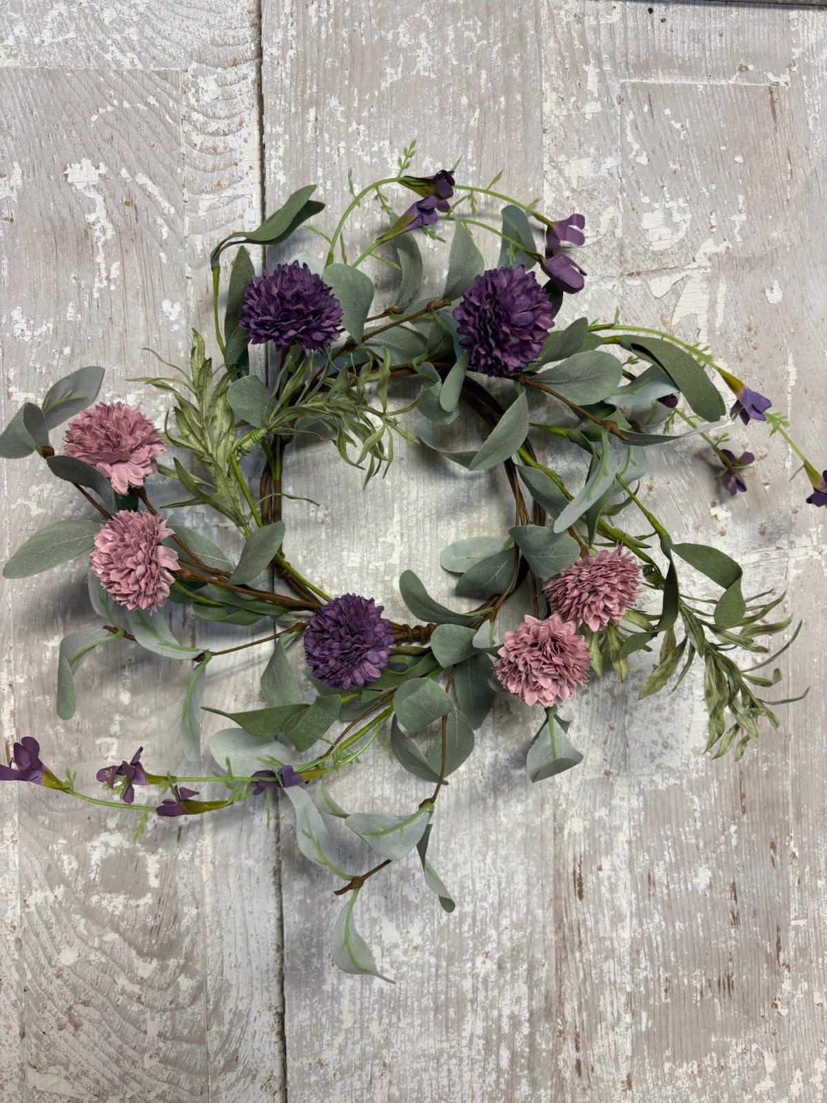 New Cottage Farmhouse MAUVE PURPLE WILDFLOWER CANDLE RING Floral Wreath 4″