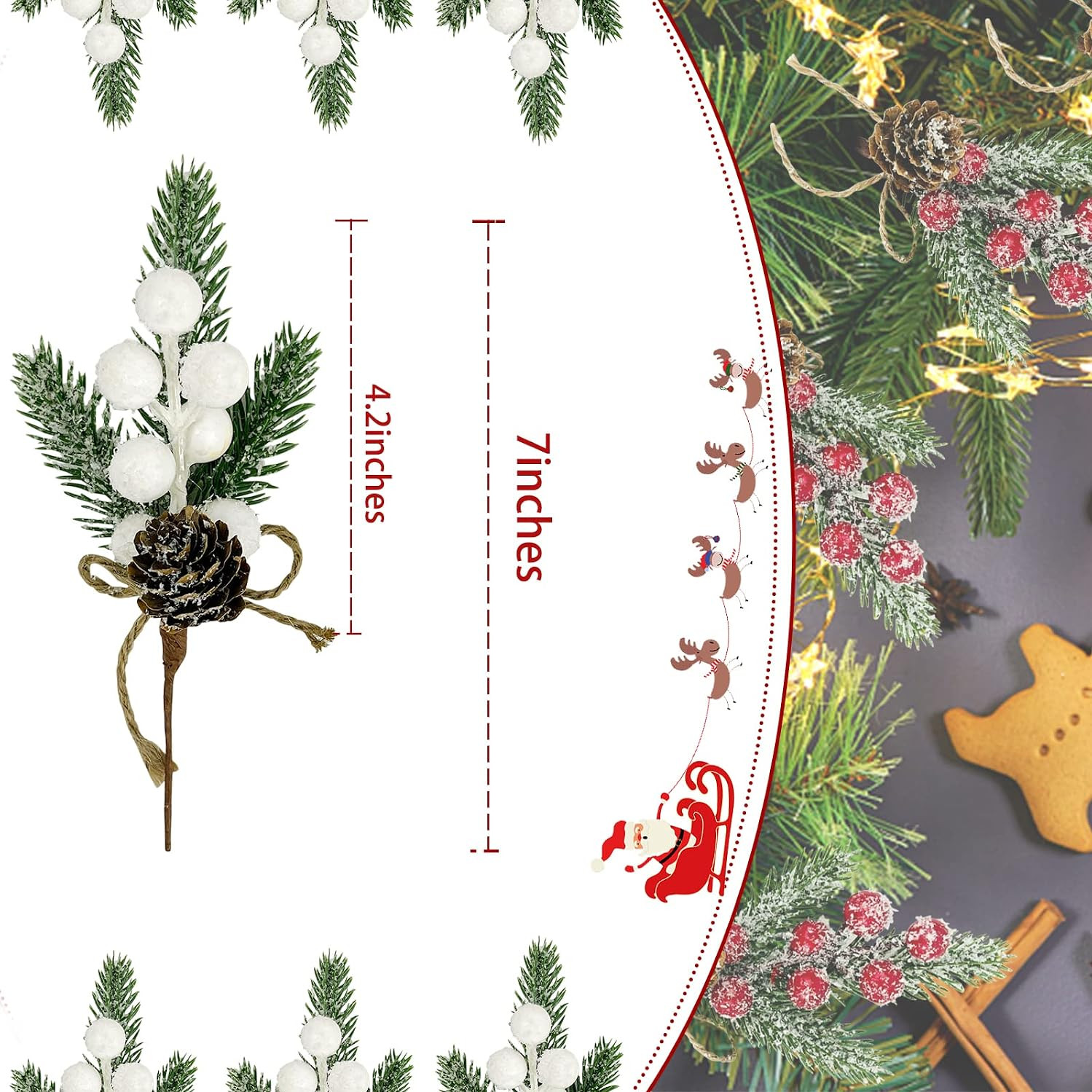 White Berry Stems Floral Pine Cones 10PCS Christmas Artificial Pine Branches