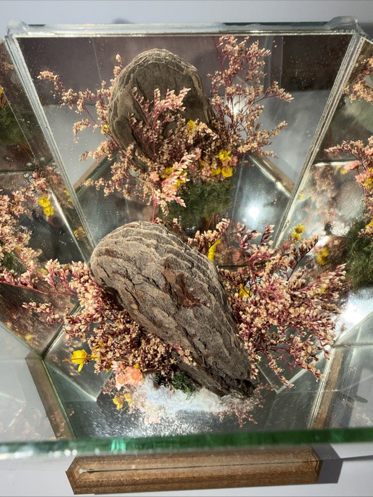 Vintage Artificial Flower And Tree Bark Glass Mirrored Music Box on Wood A Base.