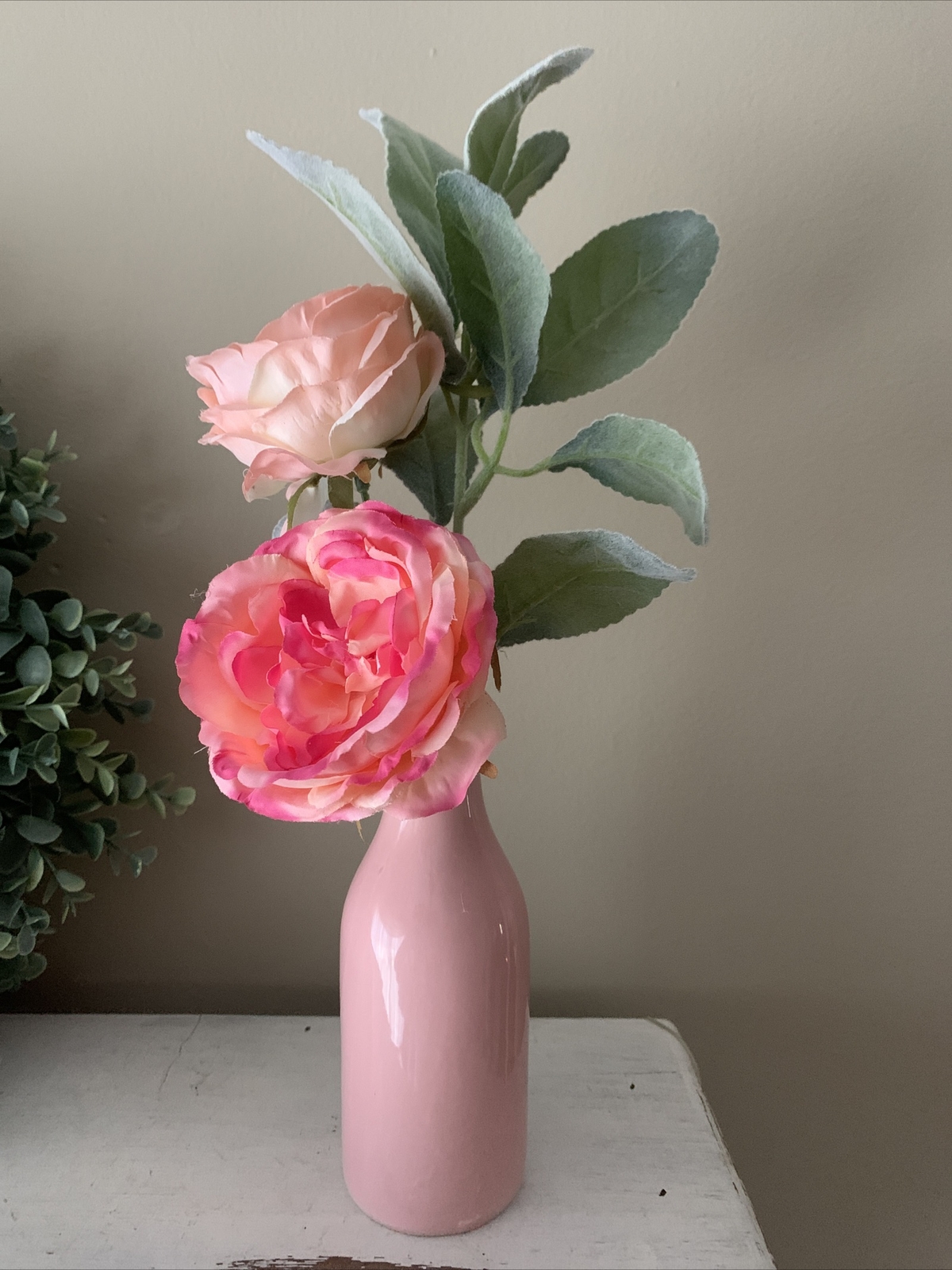 13” pink glass vase roses lambs ear stem farmhouse decor Floral Arrangement ❤️tb