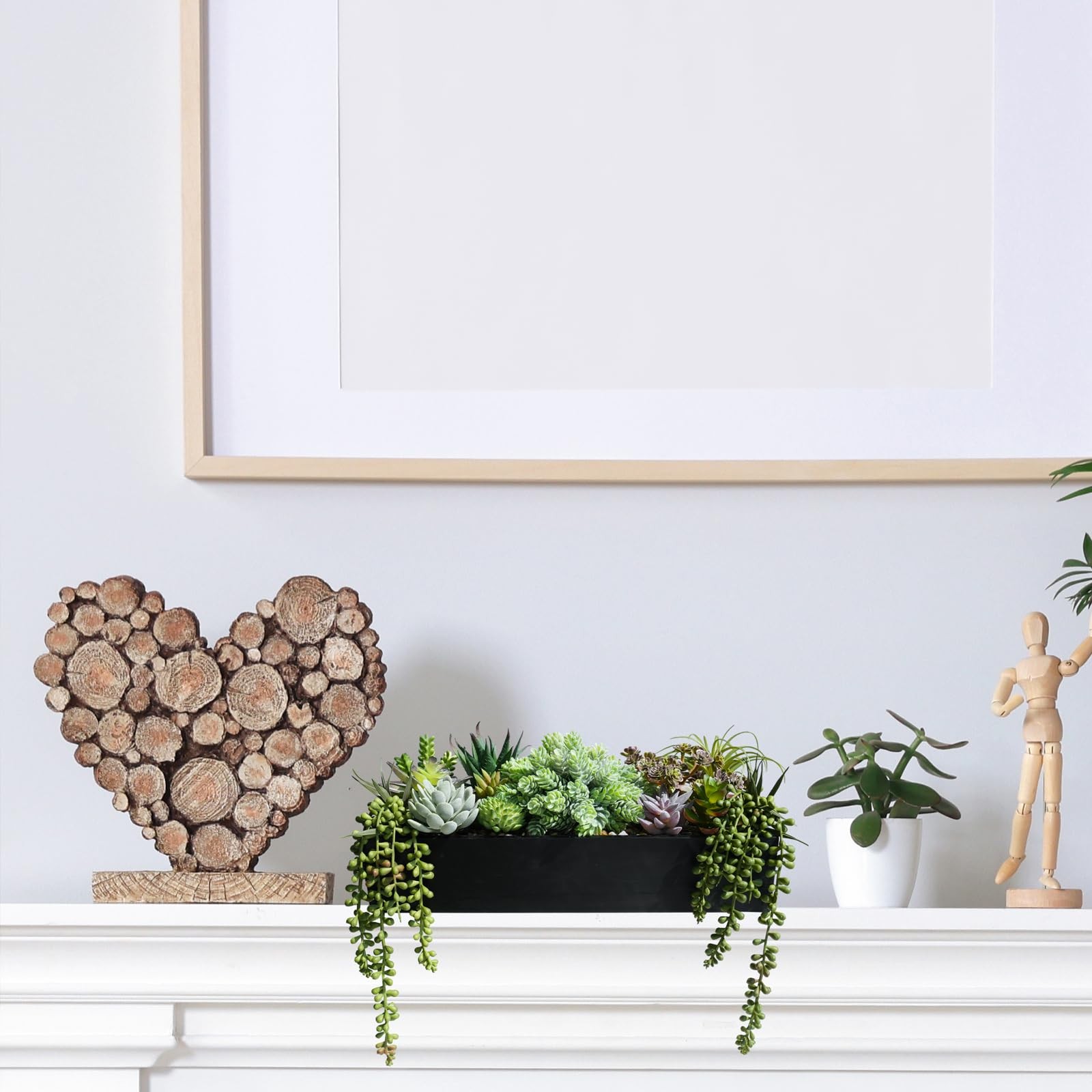 Artificial Succulent Arrangement 15 Inch Faux Rustic Black Wooden Planter