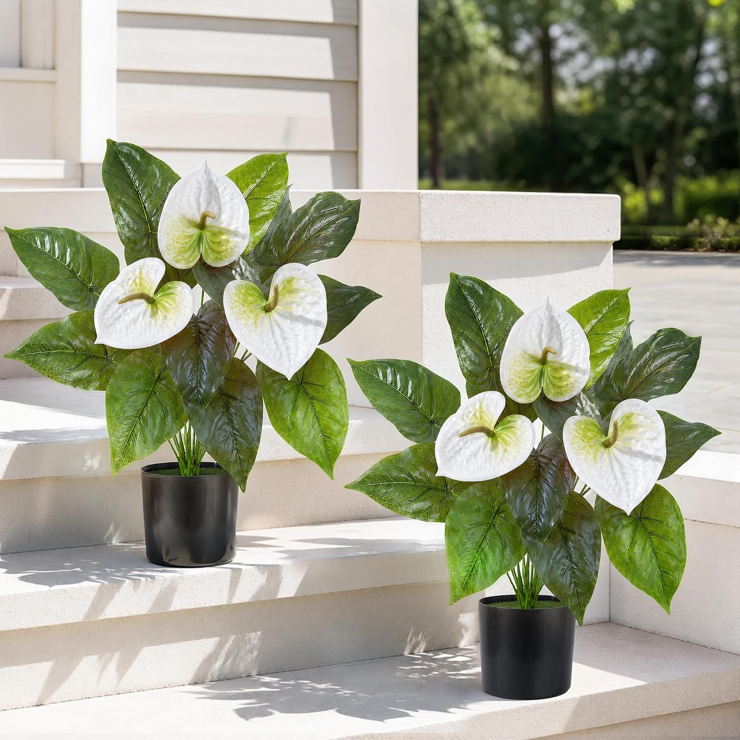 2 Pack Anthurium Artificial Flowers Plants with Pots for Indoor Outdoor Decorati
