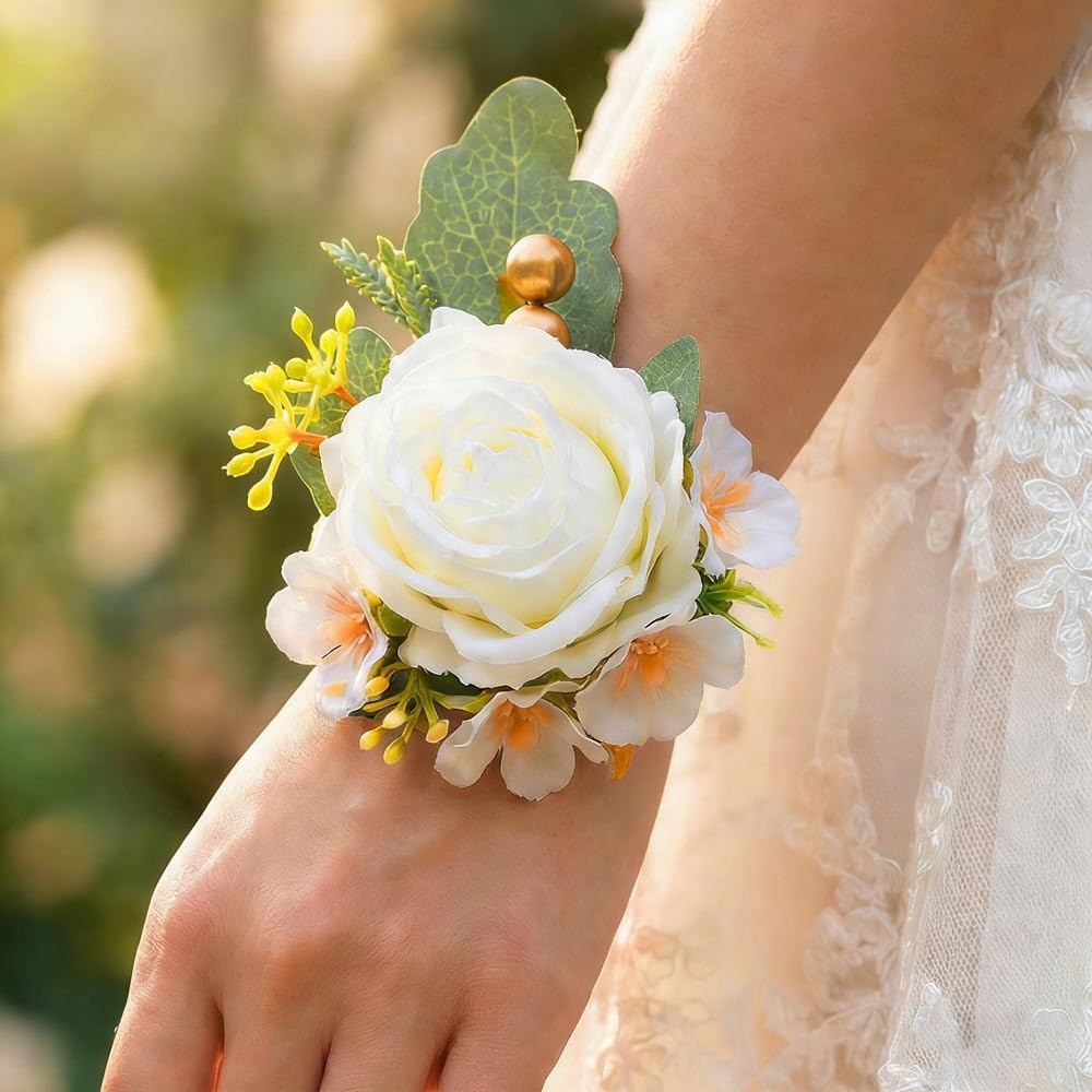 Rose Wrist Corsage Flower Prom Corsage Wristlet Women Girls Wedding White