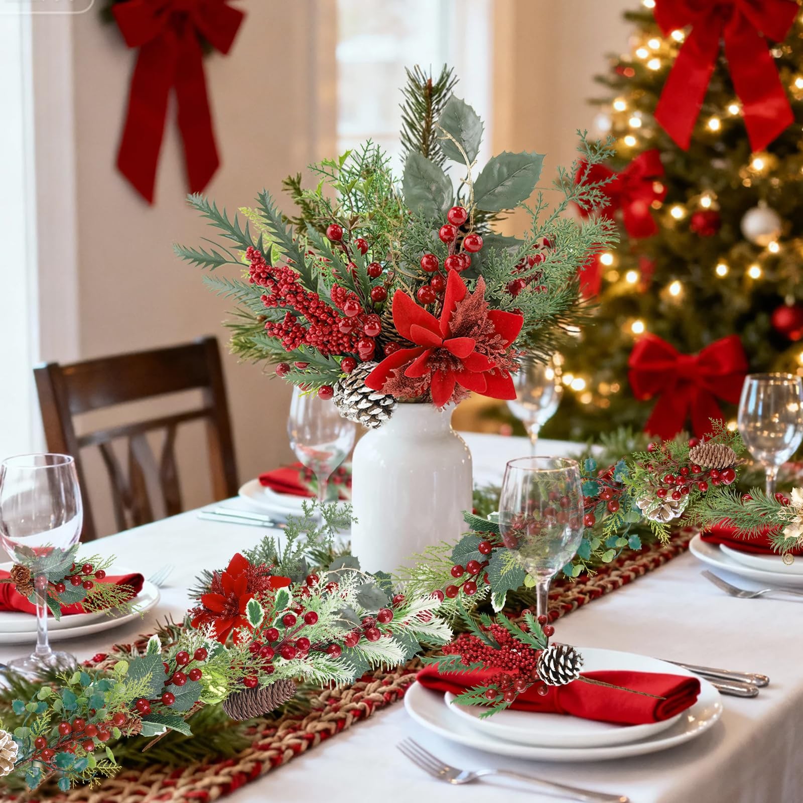 Artificial Christmas Picks 8 Pack Red Berries Stems Evergreen Faux Pine Branc…