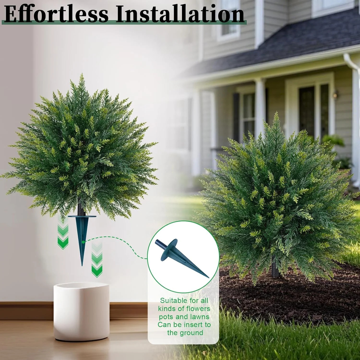 2 Pack Artificial Cedar Topiary Trees with Ground Spike, Fake Pine Shrubs Bushes
