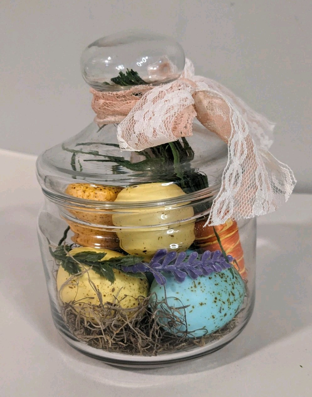 Clear Glass Apothecary Jar~Repurposed~Easter Decor~Eggs Carrot Lavender