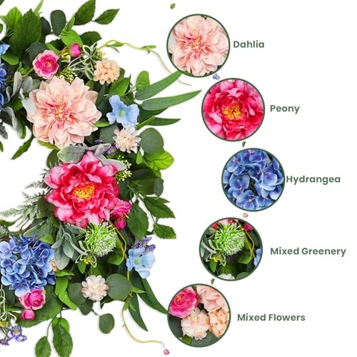 24 Inch Spring Wreaths for Front Door, Artificial Front Door Wreath Hydrangea
