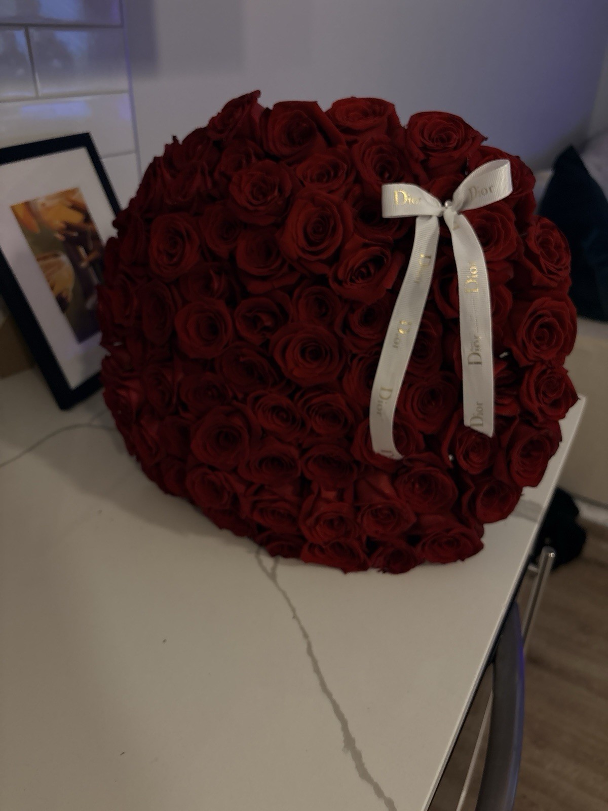 Red Rose Flower Bouquet Arrangement with White Ribbon
