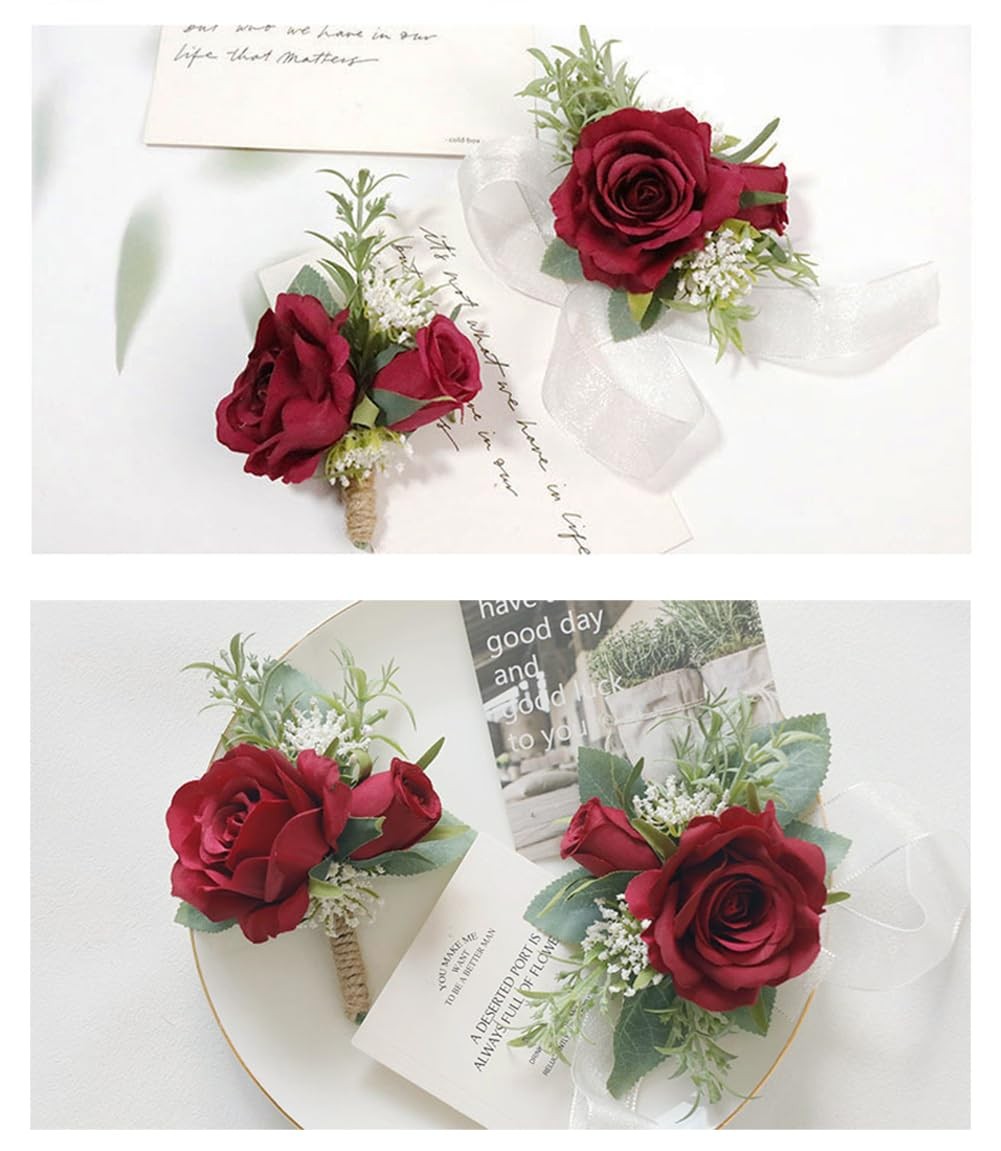 Burgundy 2 PCS Wrist Corsage and Boutonniere Set Artificial Rose Groom
